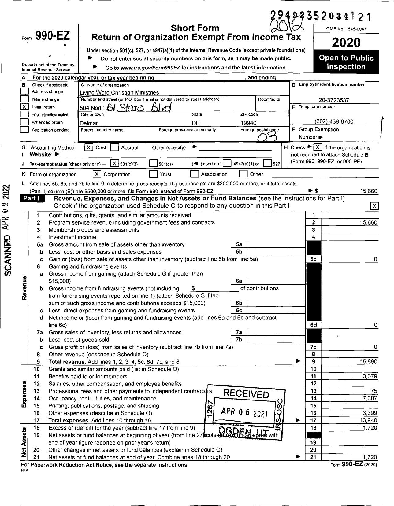 Image of first page of 2020 Form 990EZ for Living Word Christian Ministries