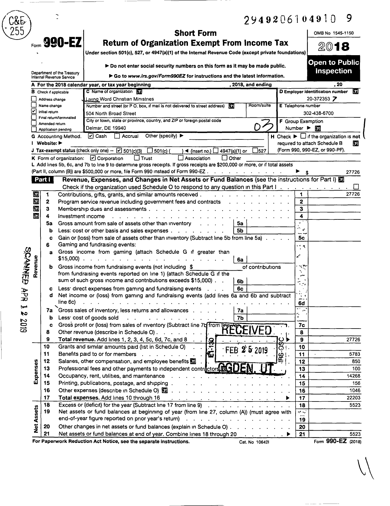 Image of first page of 2018 Form 990EZ for Living Word Christian Ministries