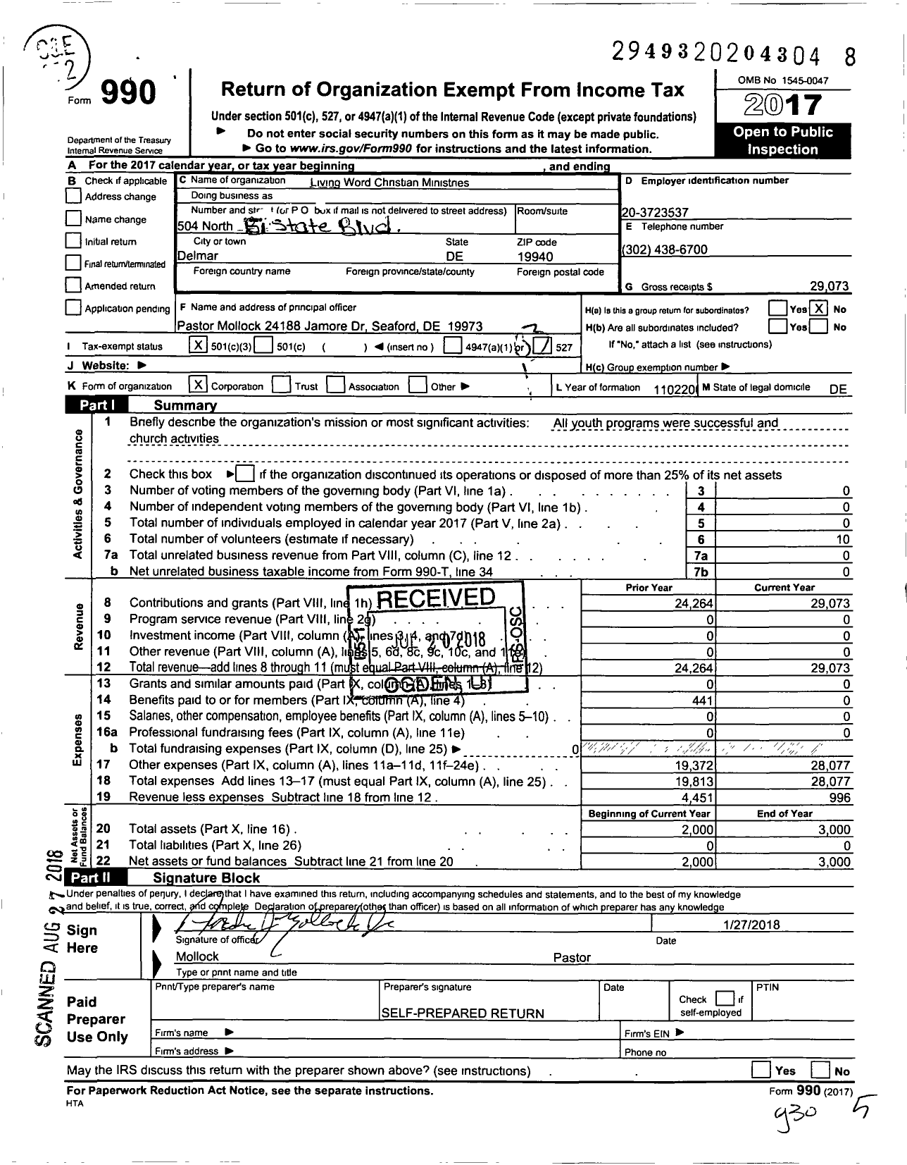 Image of first page of 2017 Form 990 for Living Word Christian Ministries