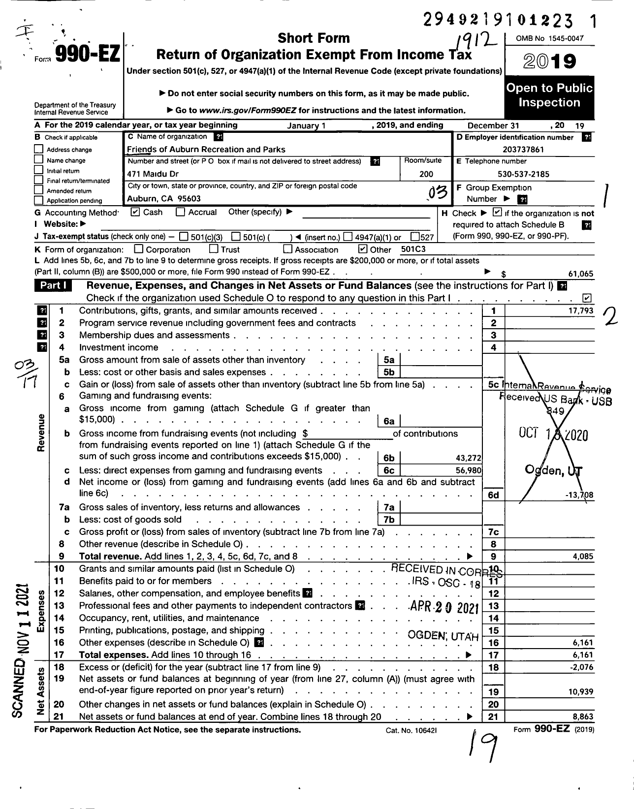 Image of first page of 2019 Form 990EZ for Friends of the Auburn Area Recreation and Parks