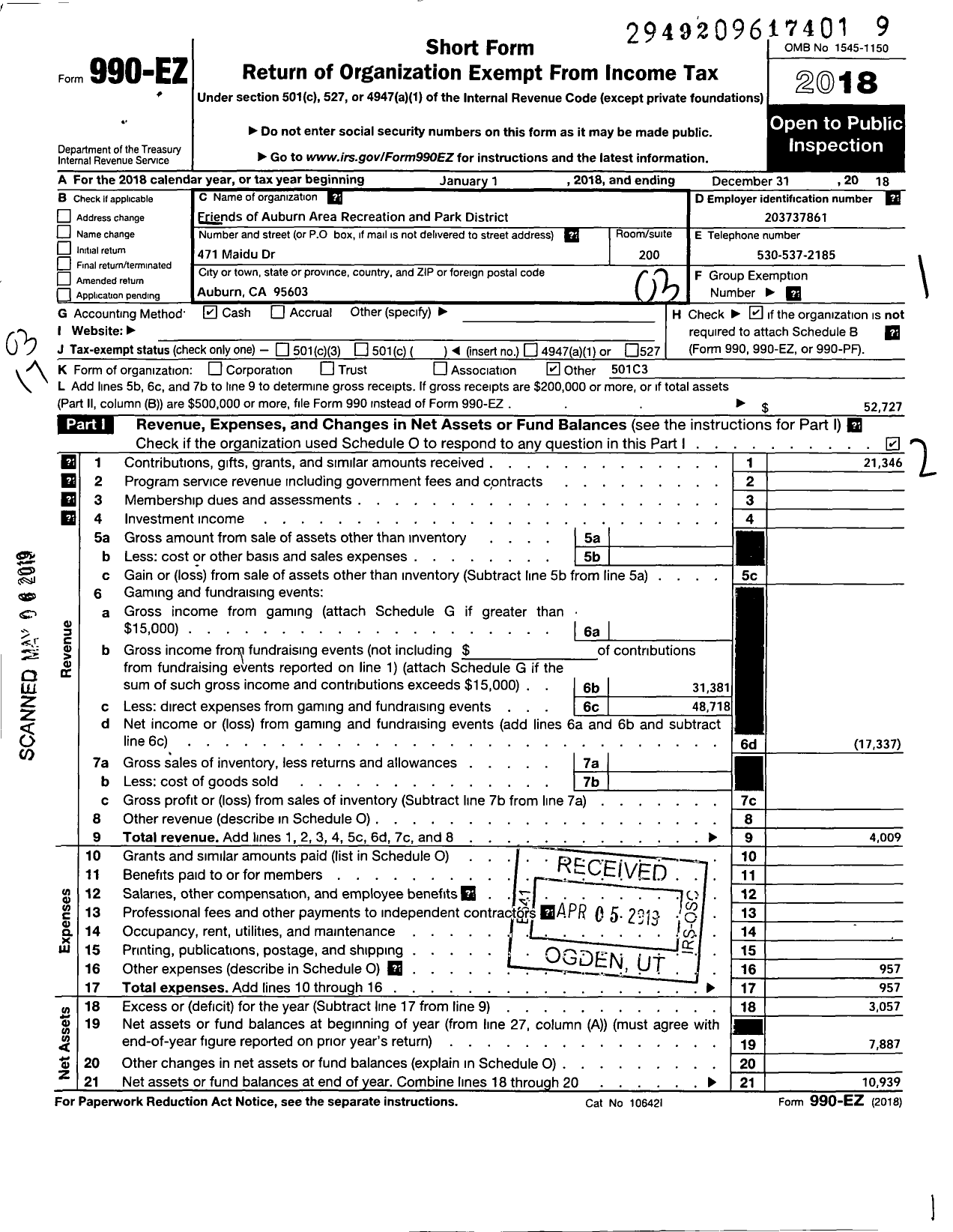 Image of first page of 2018 Form 990EZ for Friends of the Auburn Area Recreation and Parks