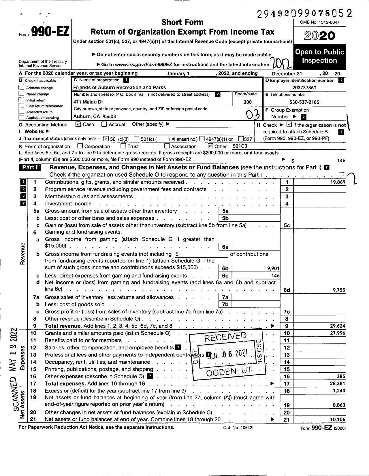 Image of first page of 2020 Form 990EZ for Friends of the Auburn Area Recreation and Parks