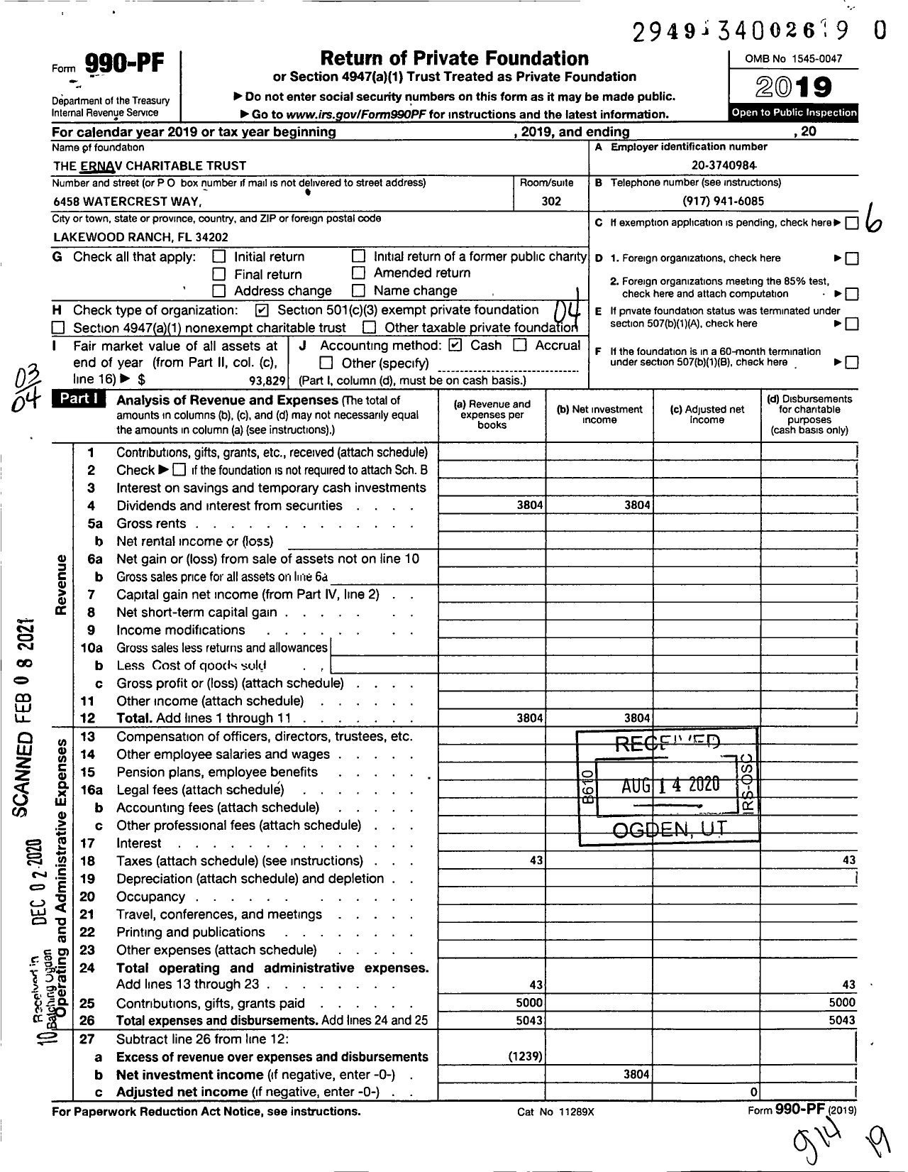 Image of first page of 2019 Form 990PF for Ernav Charitable Trust