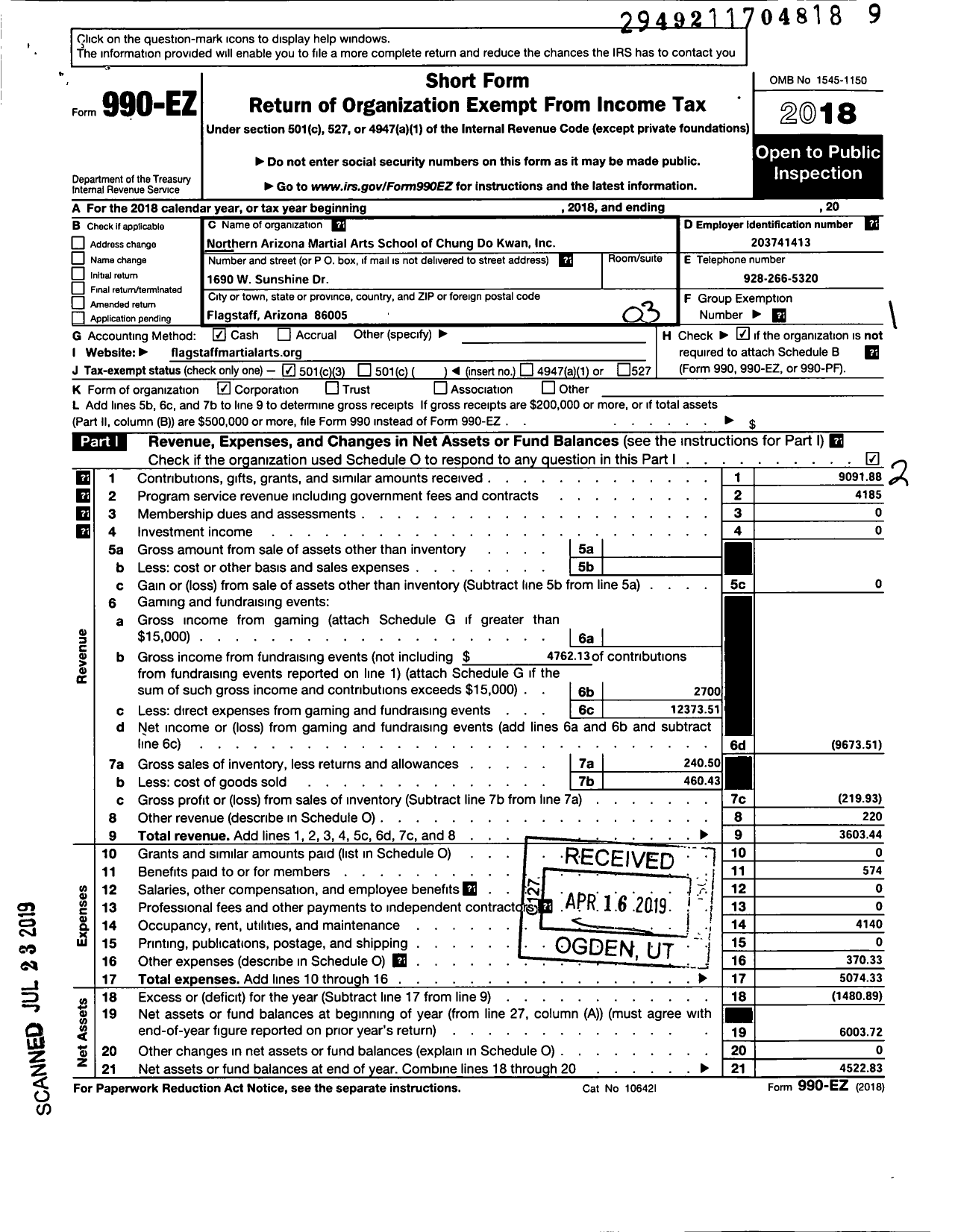 Image of first page of 2018 Form 990EZ for Northern Arizona Martial Arts School of Chung Do Kwan Incorporat