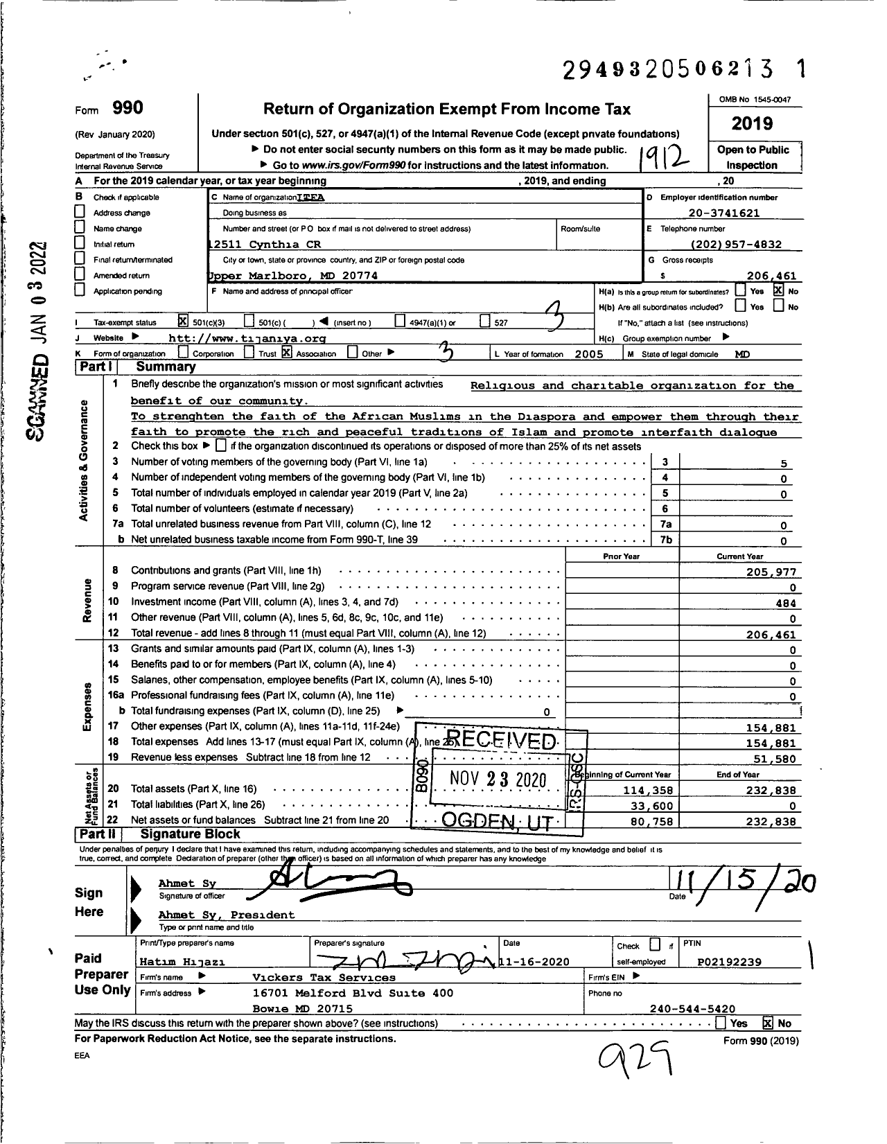 Image of first page of 2019 Form 990 for The Islamic Tijaniya Foundation of America