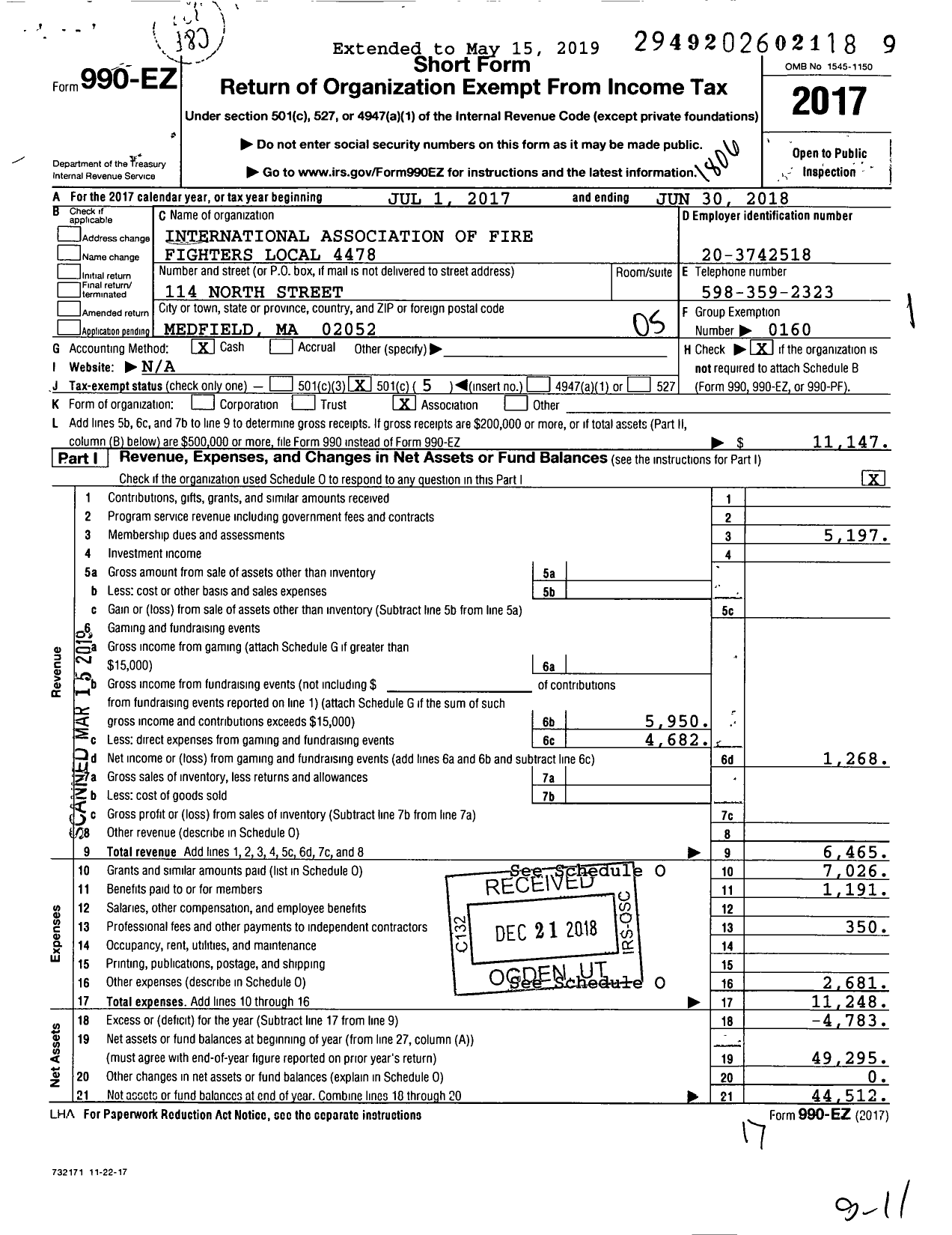 Image of first page of 2017 Form 990EO for International Association of Fire Fighters - L4478 Medfield Perm Firefighters As