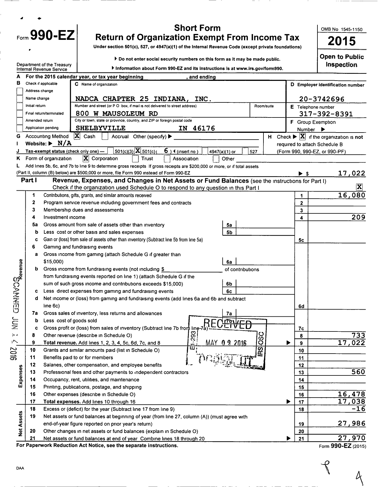 Image of first page of 2015 Form 990EO for NADCA A D C A Chapter 25 Indiana