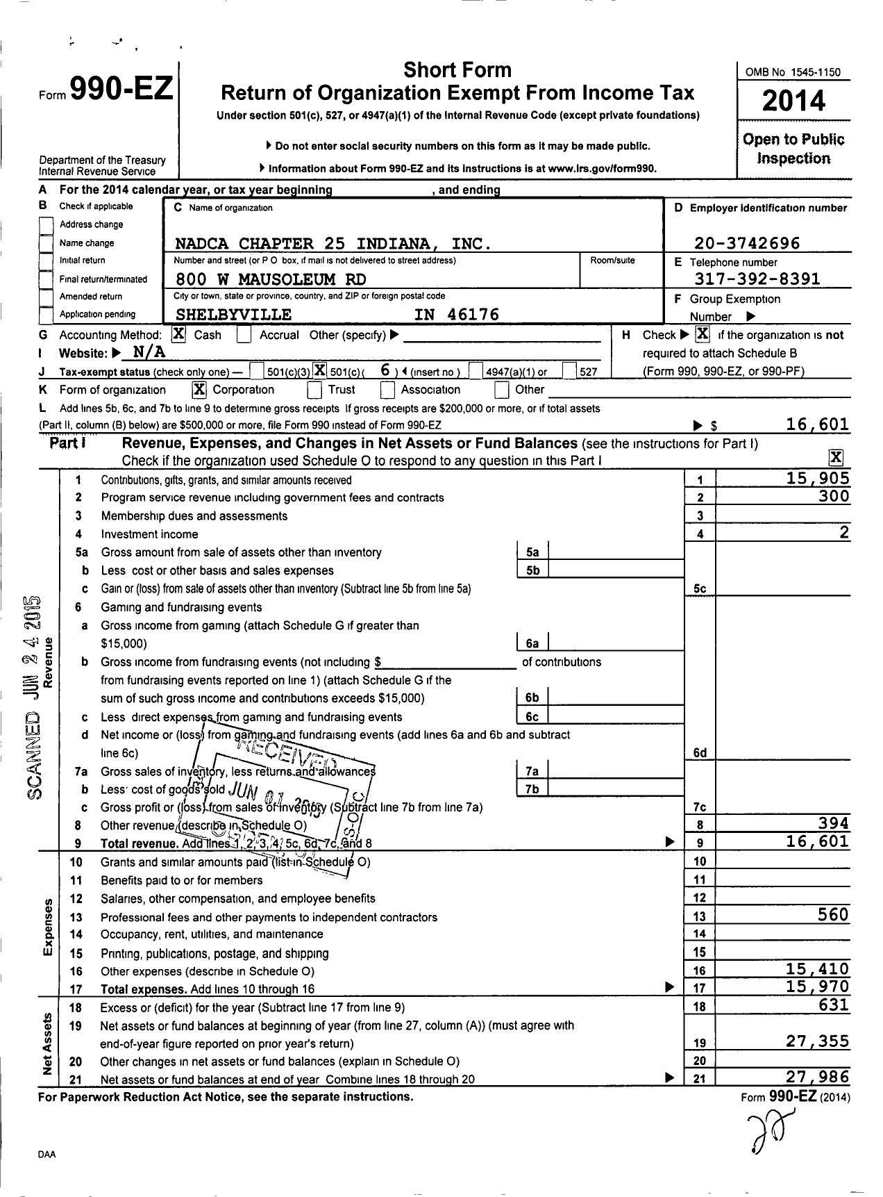 Image of first page of 2014 Form 990EO for NADCA A D C A Chapter 25 Indiana