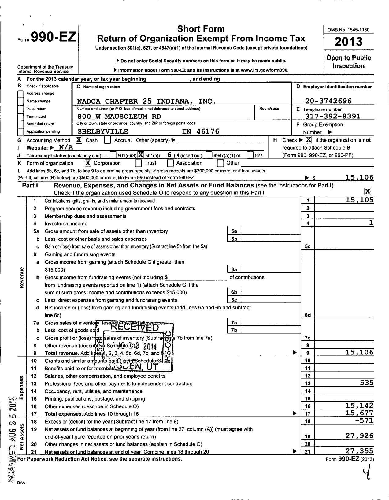 Image of first page of 2013 Form 990EO for NADCA A D C A Chapter 25 Indiana