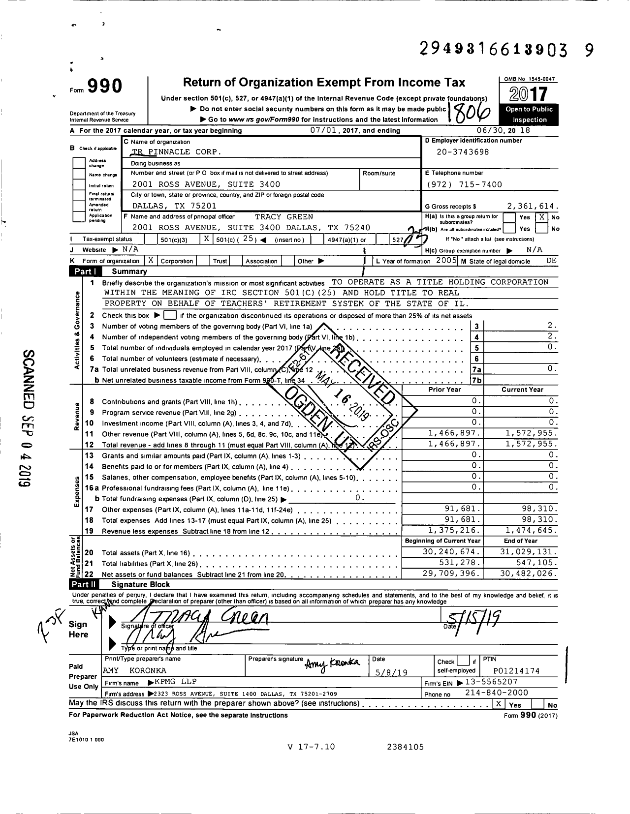 Image of first page of 2017 Form 990O for TR Pinnacle Corporation