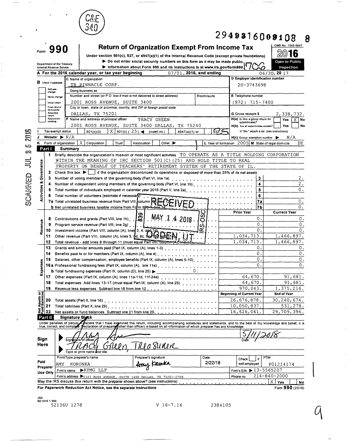 Image of first page of 2016 Form 990O for TR Pinnacle Corporation
