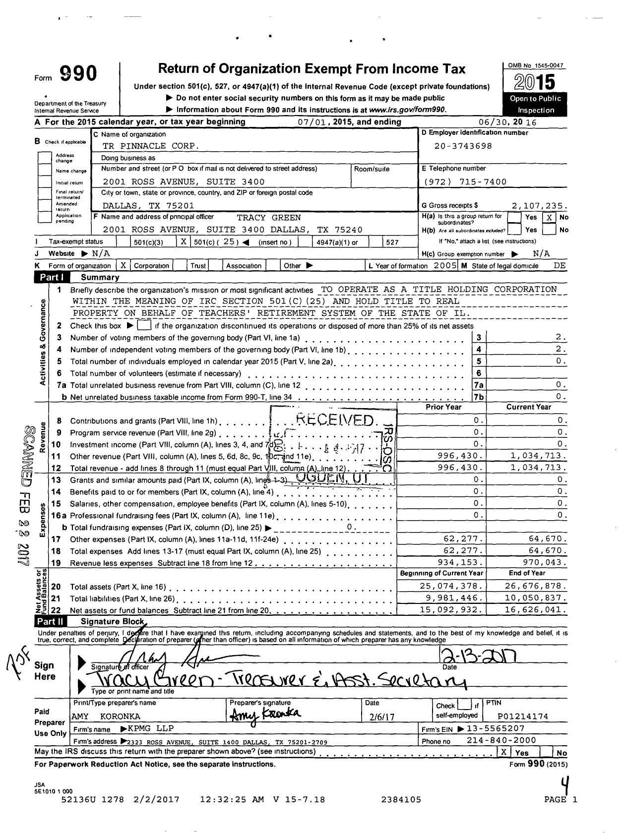 Image of first page of 2015 Form 990O for TR Pinnacle Corporation