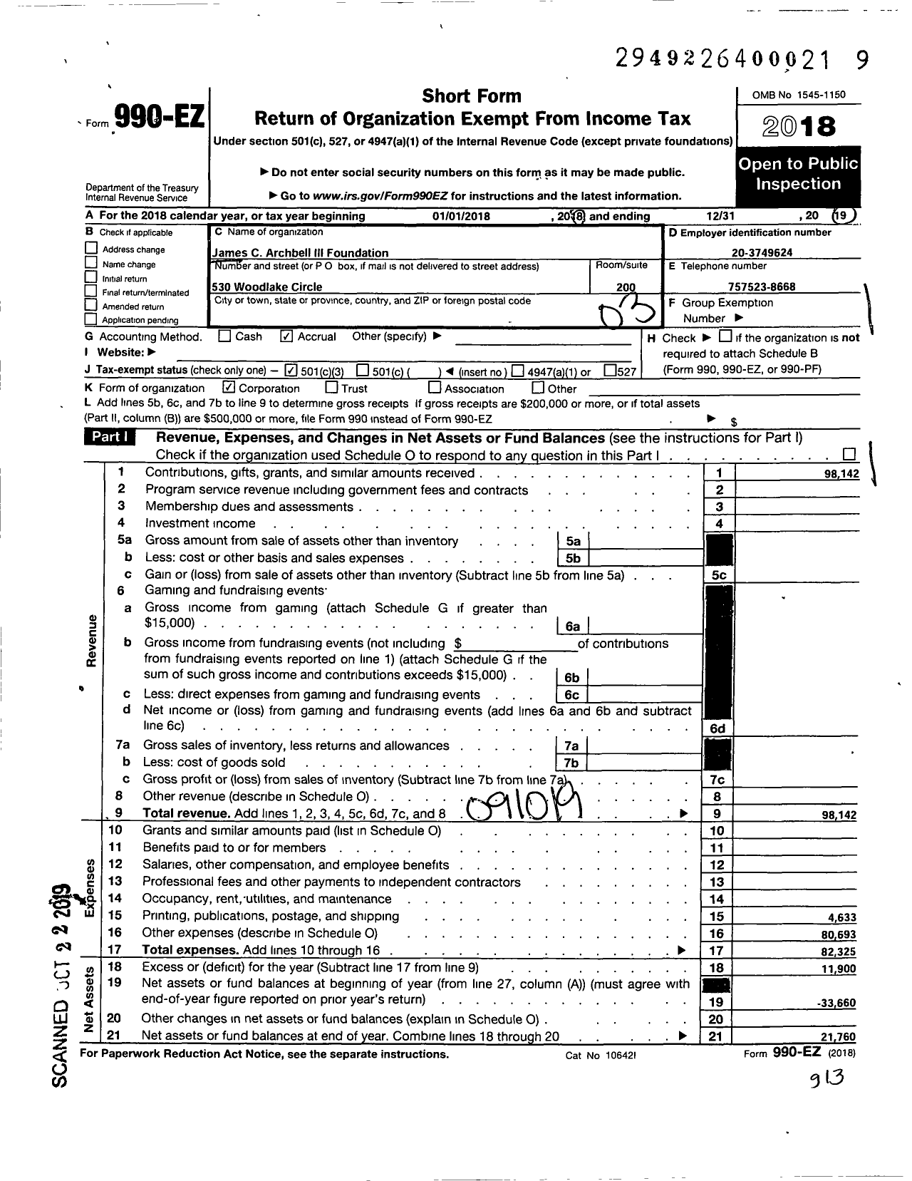 Image of first page of 2019 Form 990EZ for James C Archbell III Foundation