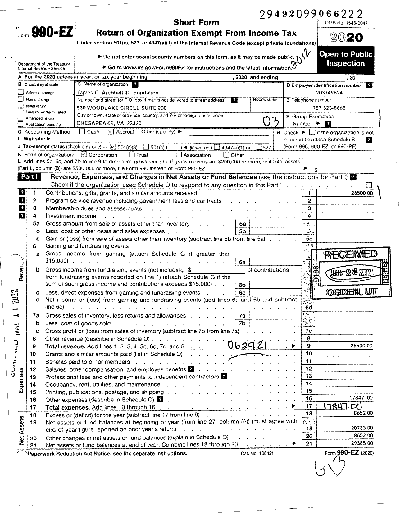Image of first page of 2020 Form 990EZ for James C Archbell III Foundation