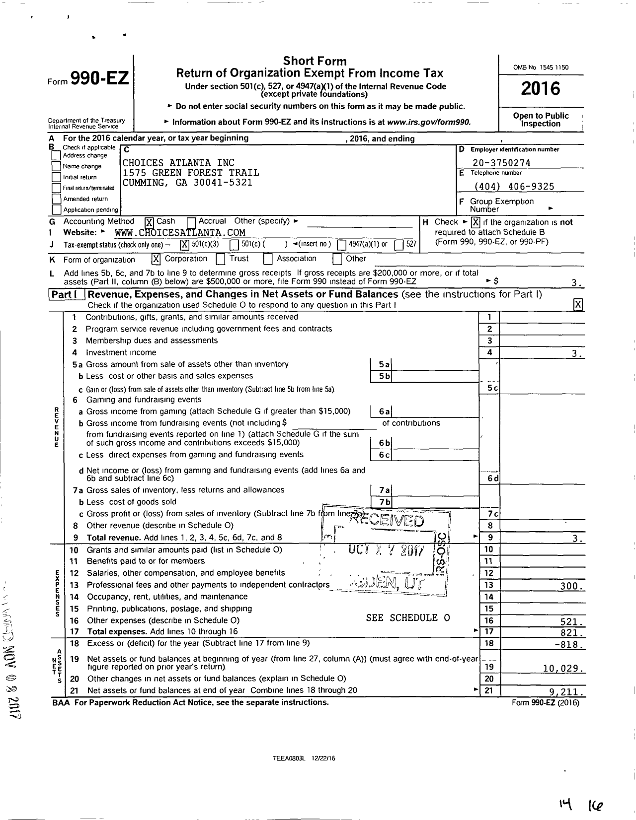 Image of first page of 2016 Form 990EZ for Choices Atlanta