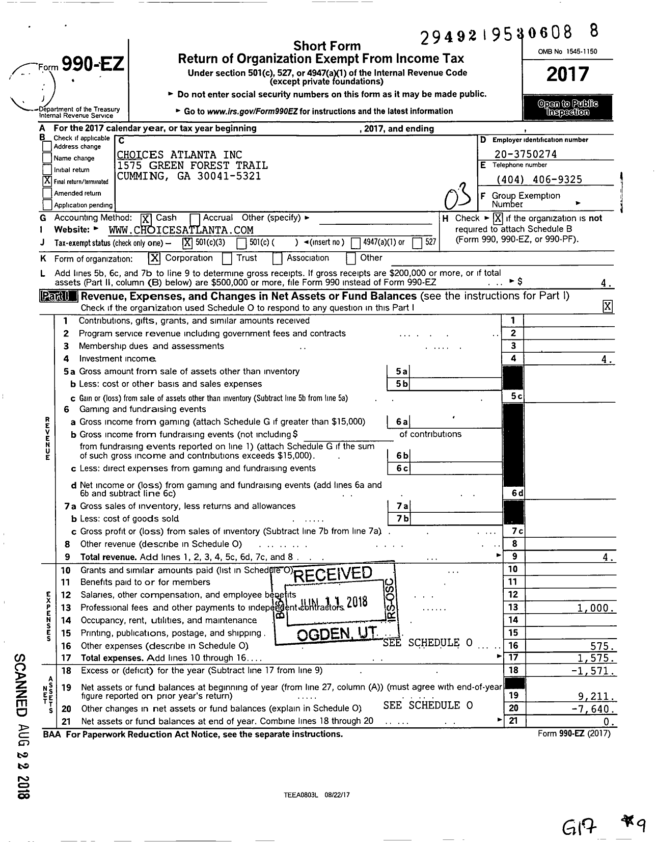 Image of first page of 2017 Form 990EZ for Choices Atlanta