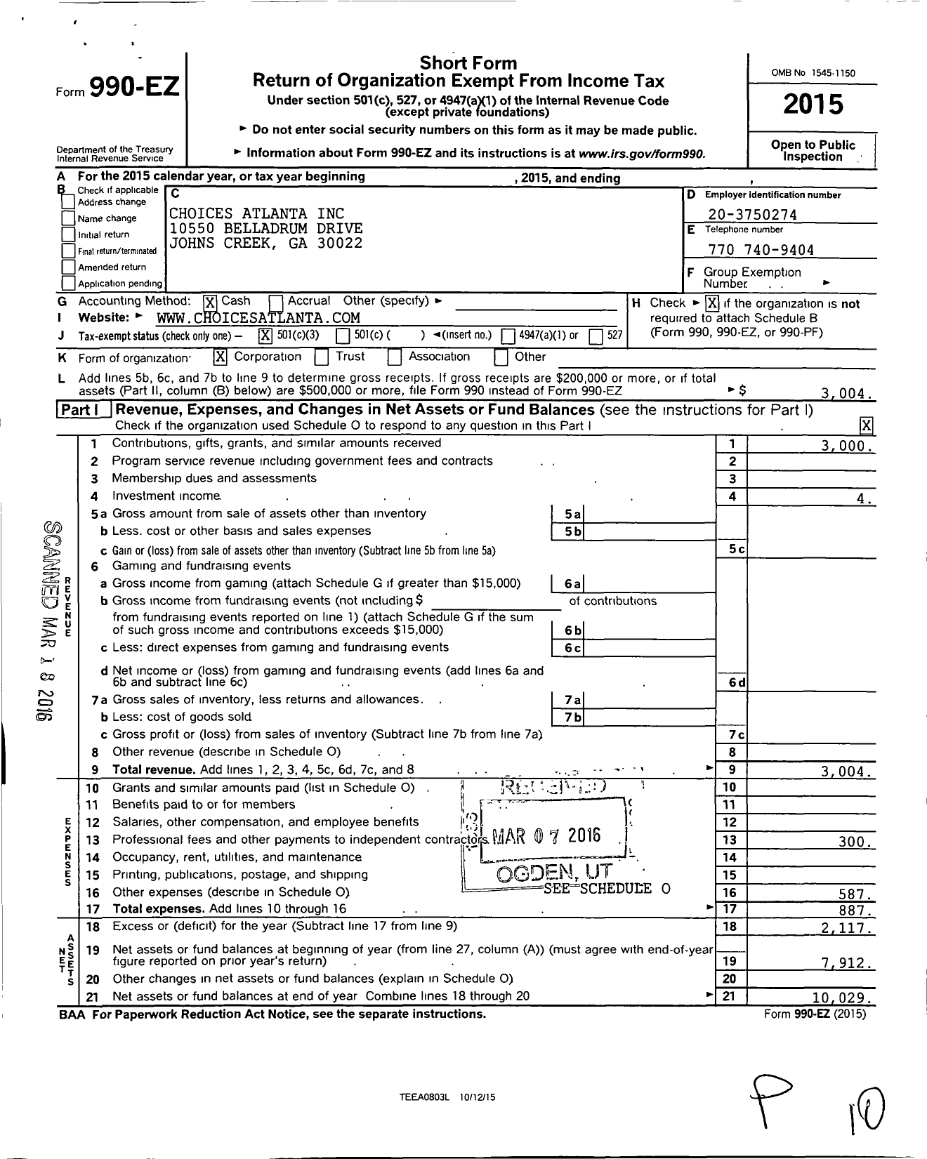 Image of first page of 2015 Form 990EZ for Choices Atlanta