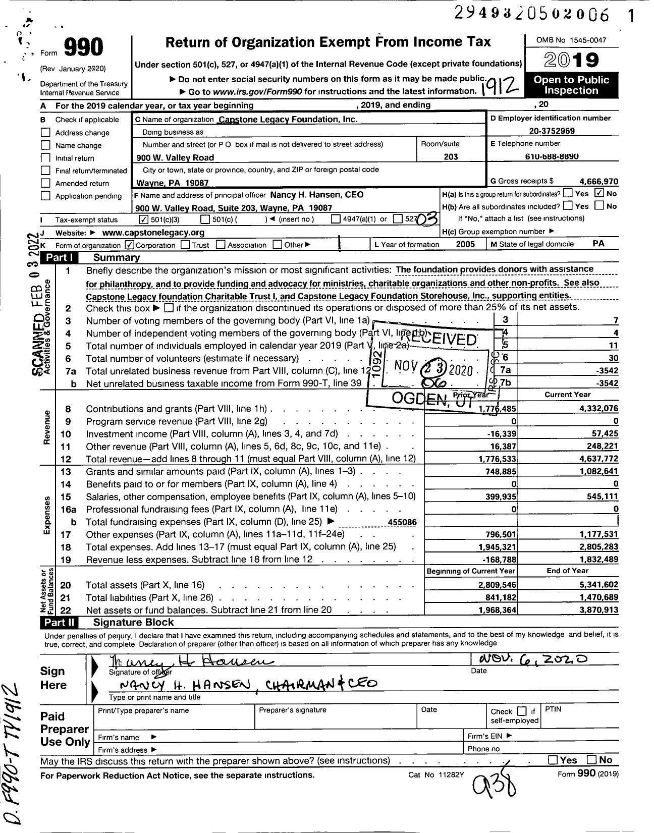 Image of first page of 2019 Form 990 for Capstone Legacy Foundation