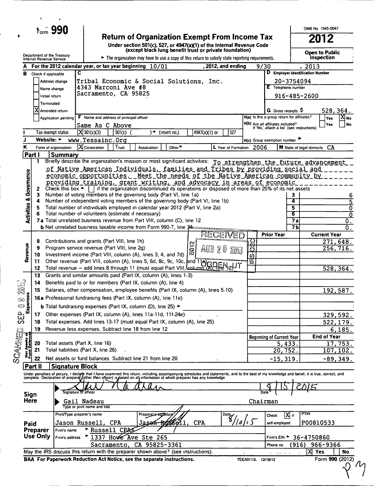 Image of first page of 2012 Form 990 for Tribal Economic and Social Solutions