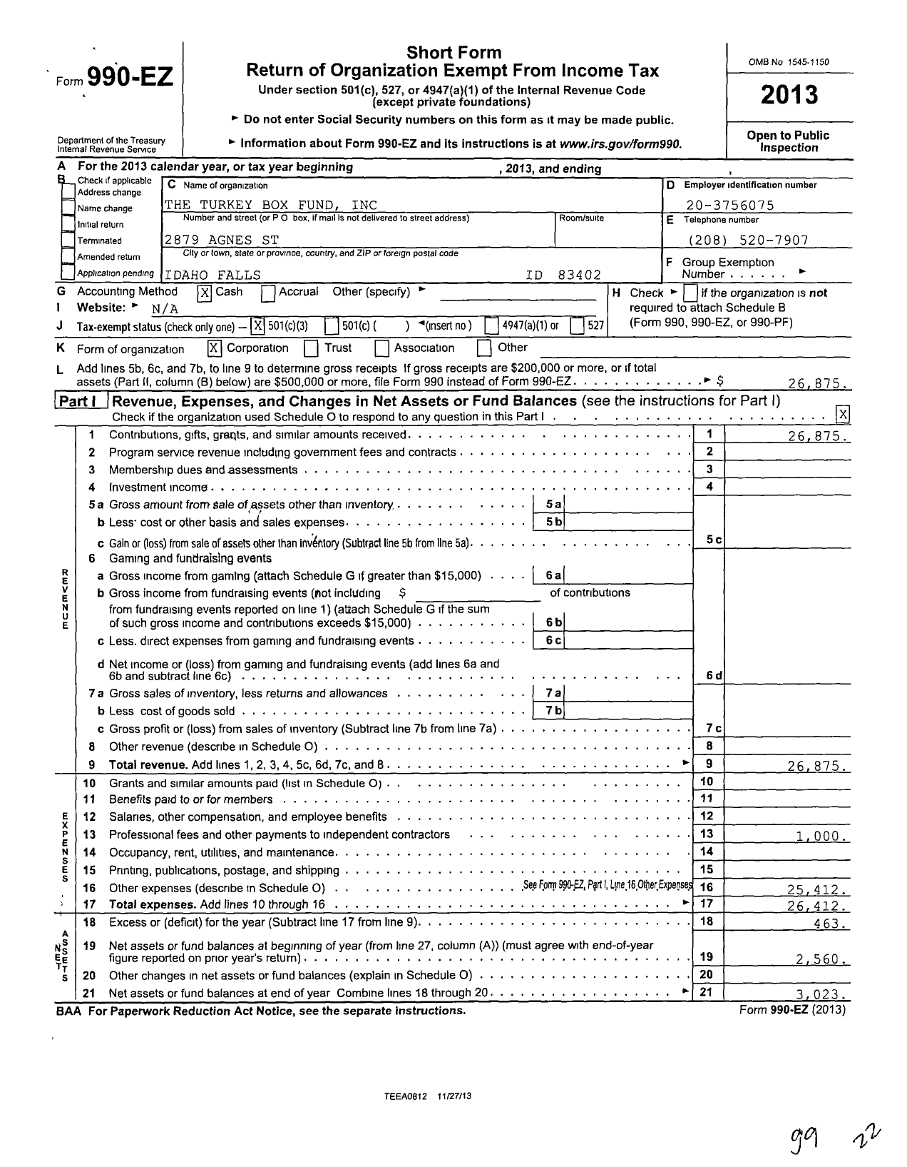 Image of first page of 2013 Form 990EZ for Turkey Box Fund