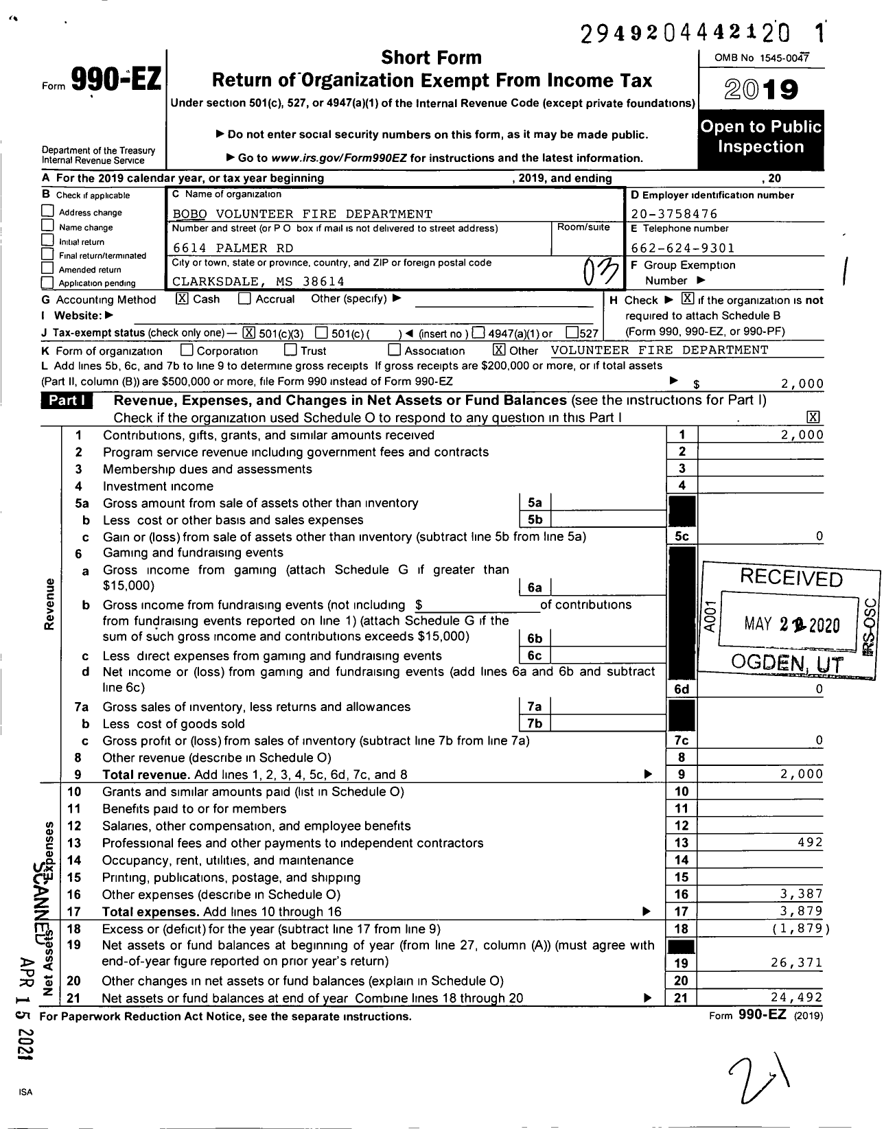 Image of first page of 2019 Form 990EZ for Bobo Volunteer Fire Department