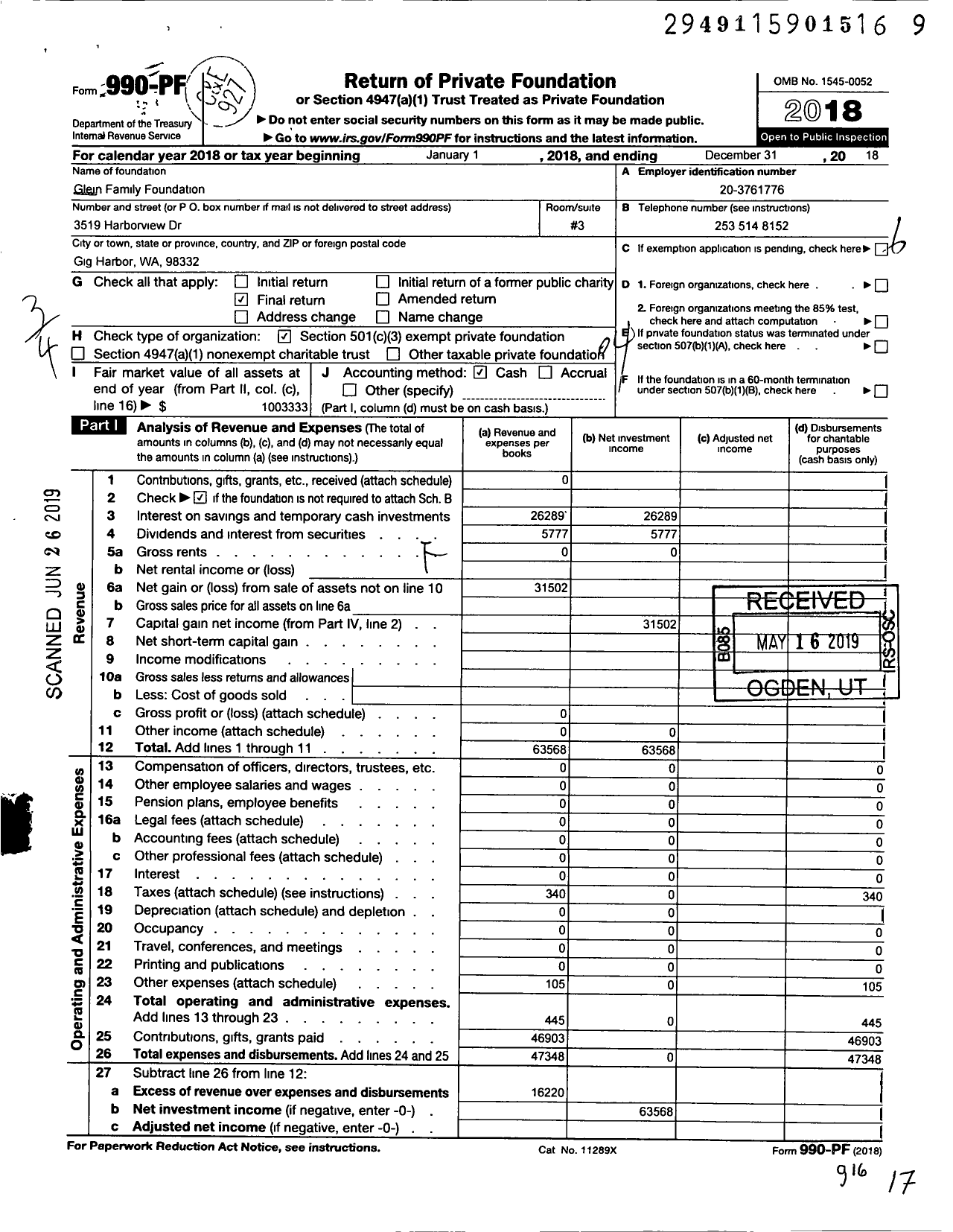 Image of first page of 2018 Form 990PF for Glein Family Foundation