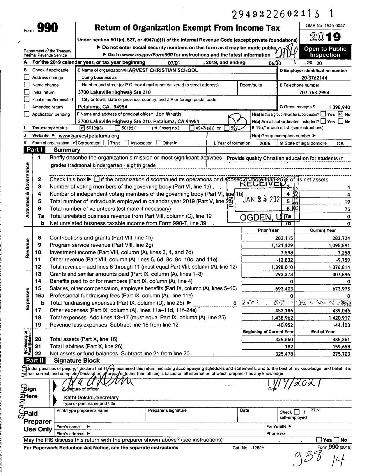 Image of first page of 2019 Form 990 for Harvest Christian School