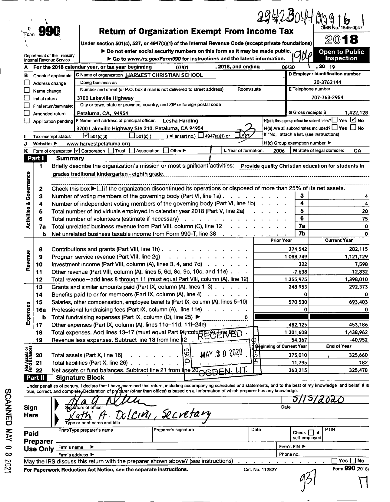 Image of first page of 2018 Form 990 for Harvest Christian School