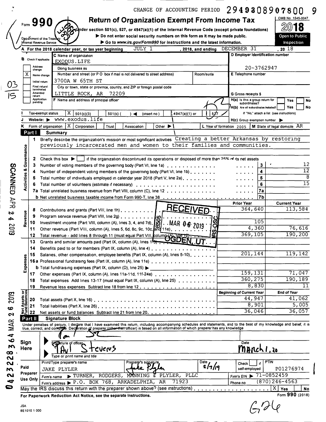 Image of first page of 2018 Form 990 for Exoduslife