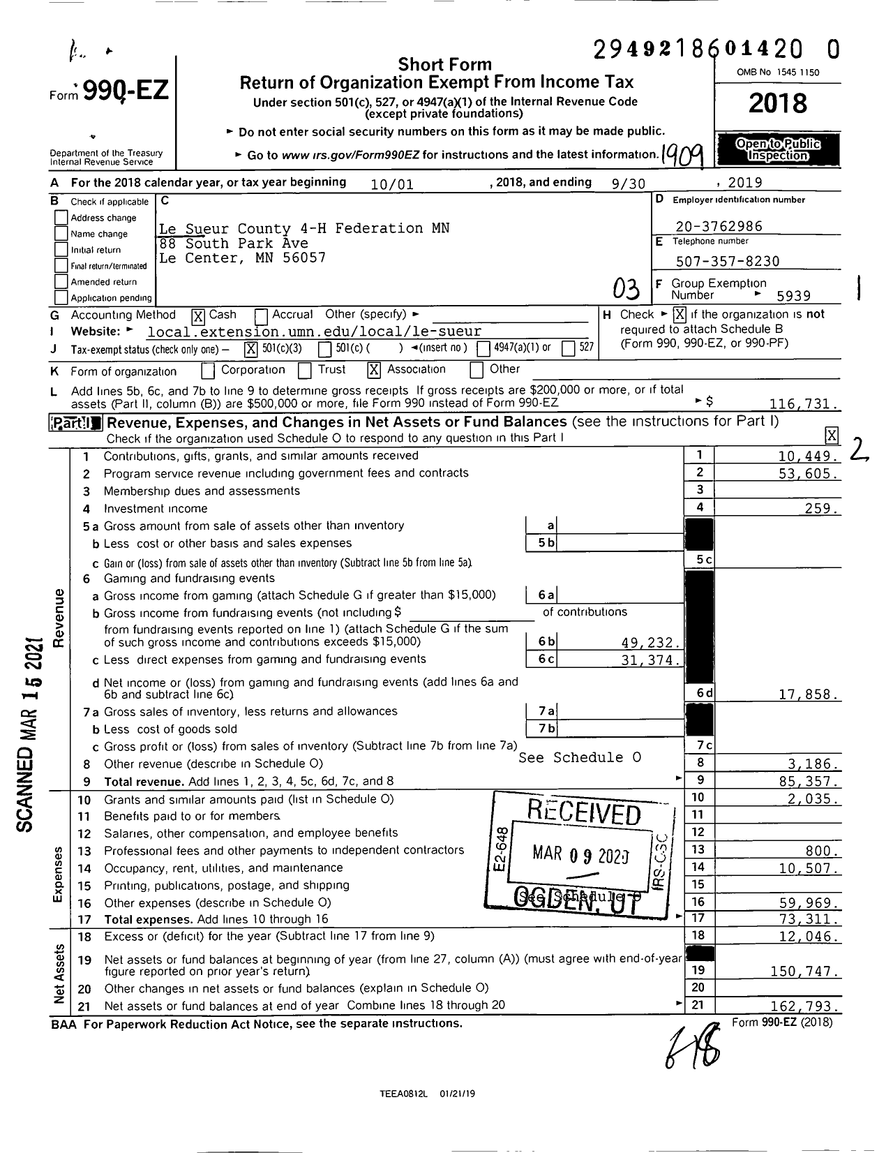 Image of first page of 2018 Form 990EZ for Le Sueur County 4-H Federation MN