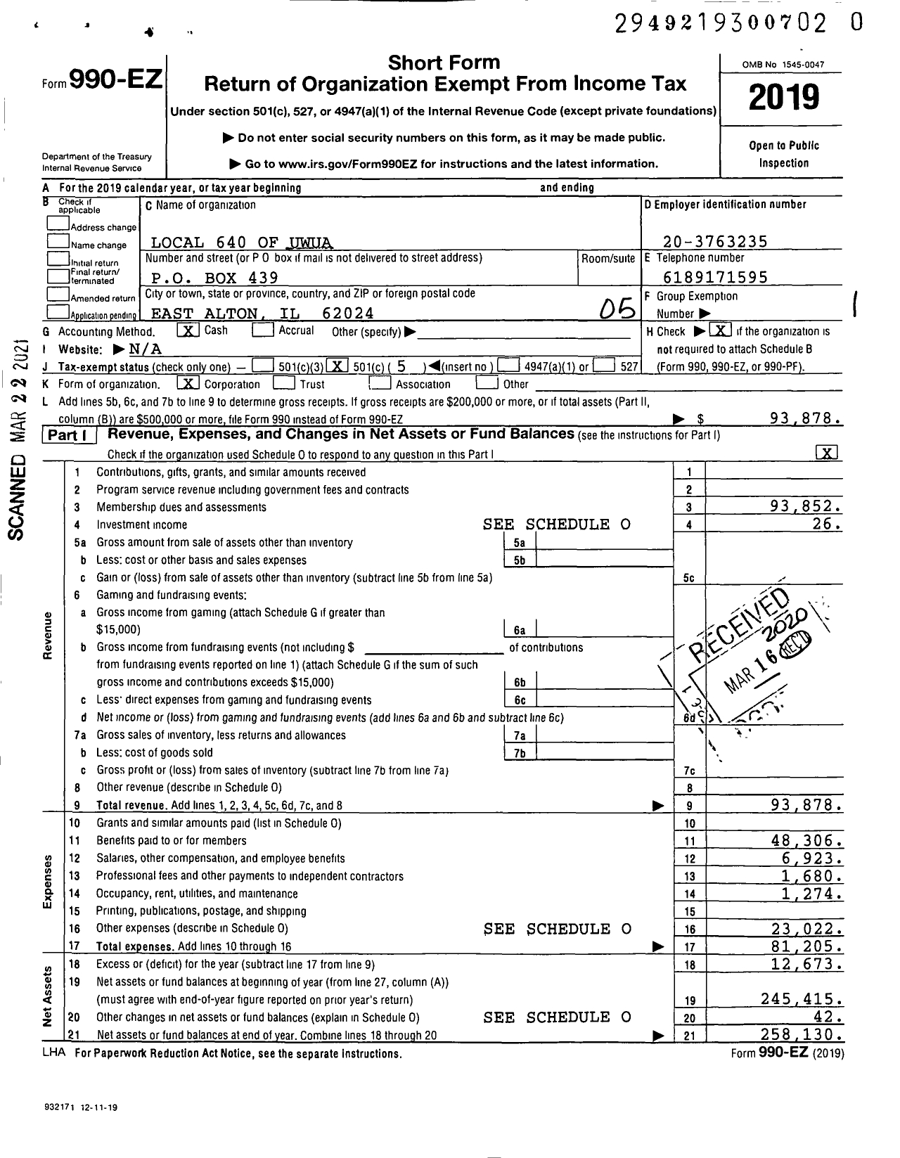 Image of first page of 2019 Form 990EO for Utility Workers Union of America - 640 Uwua