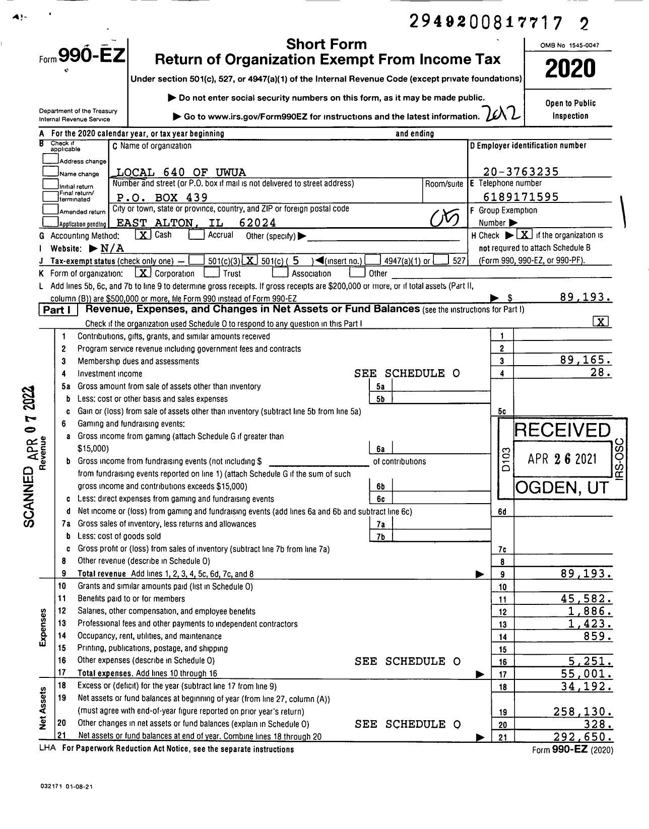 Image of first page of 2020 Form 990EO for Utility Workers Union of America - 640 Uwua