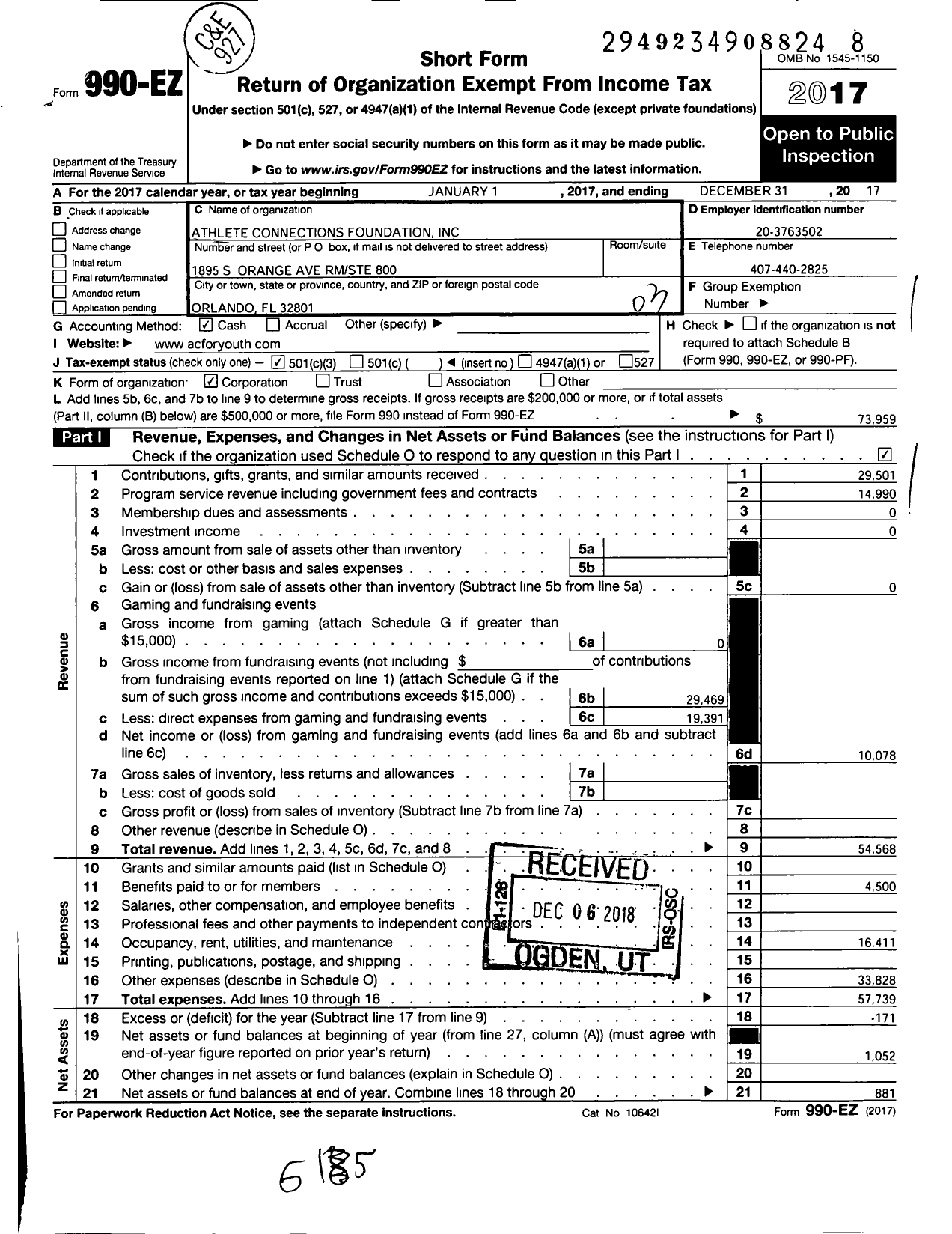 Image of first page of 2017 Form 990EZ for Athlete Connections Foundation