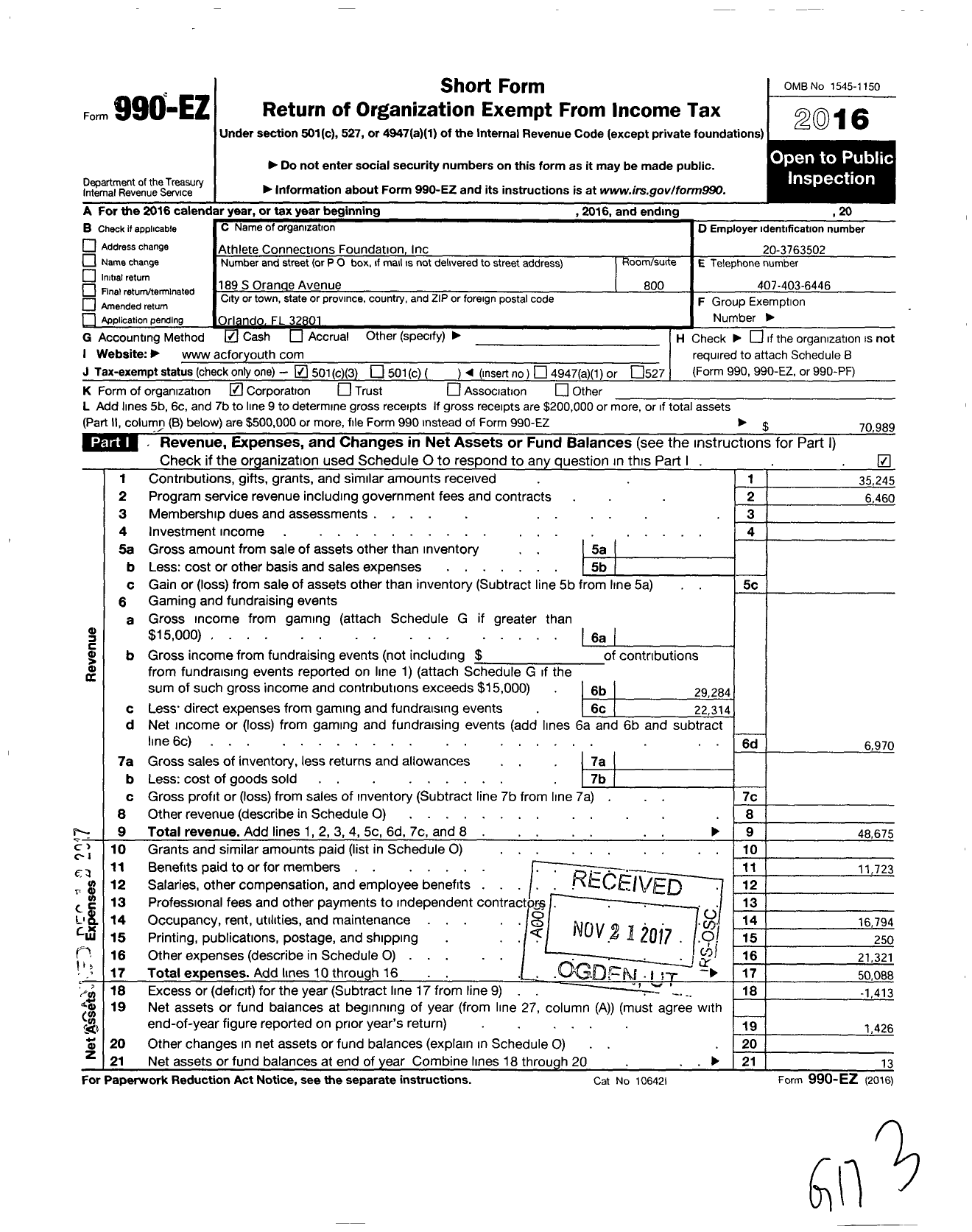 Image of first page of 2016 Form 990EZ for Athlete Connections Foundation