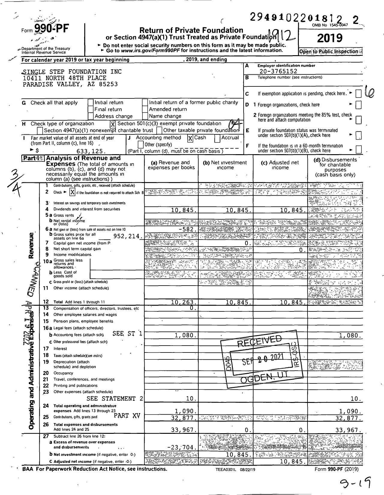 Image of first page of 2019 Form 990PF for Single Step Foundation