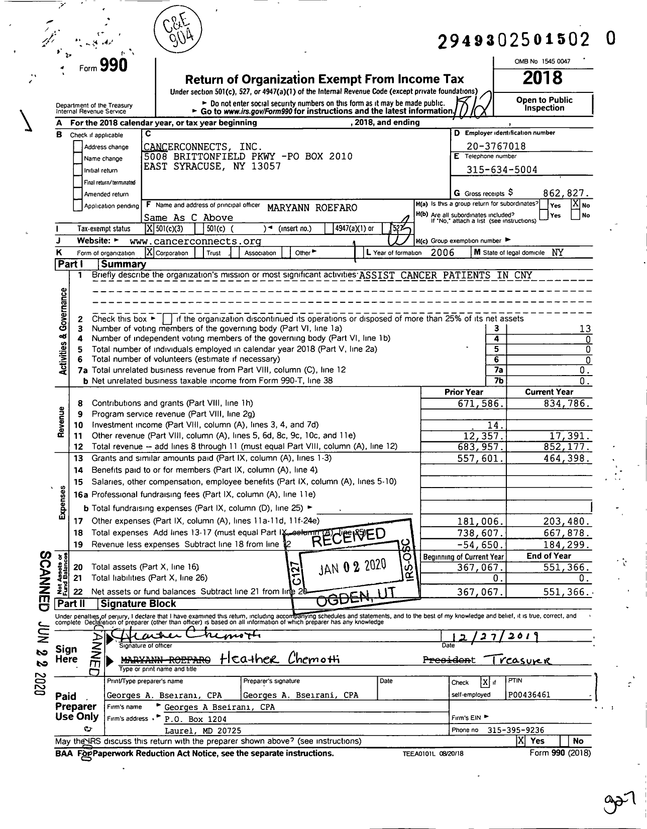 Image of first page of 2018 Form 990 for Cancerconnects