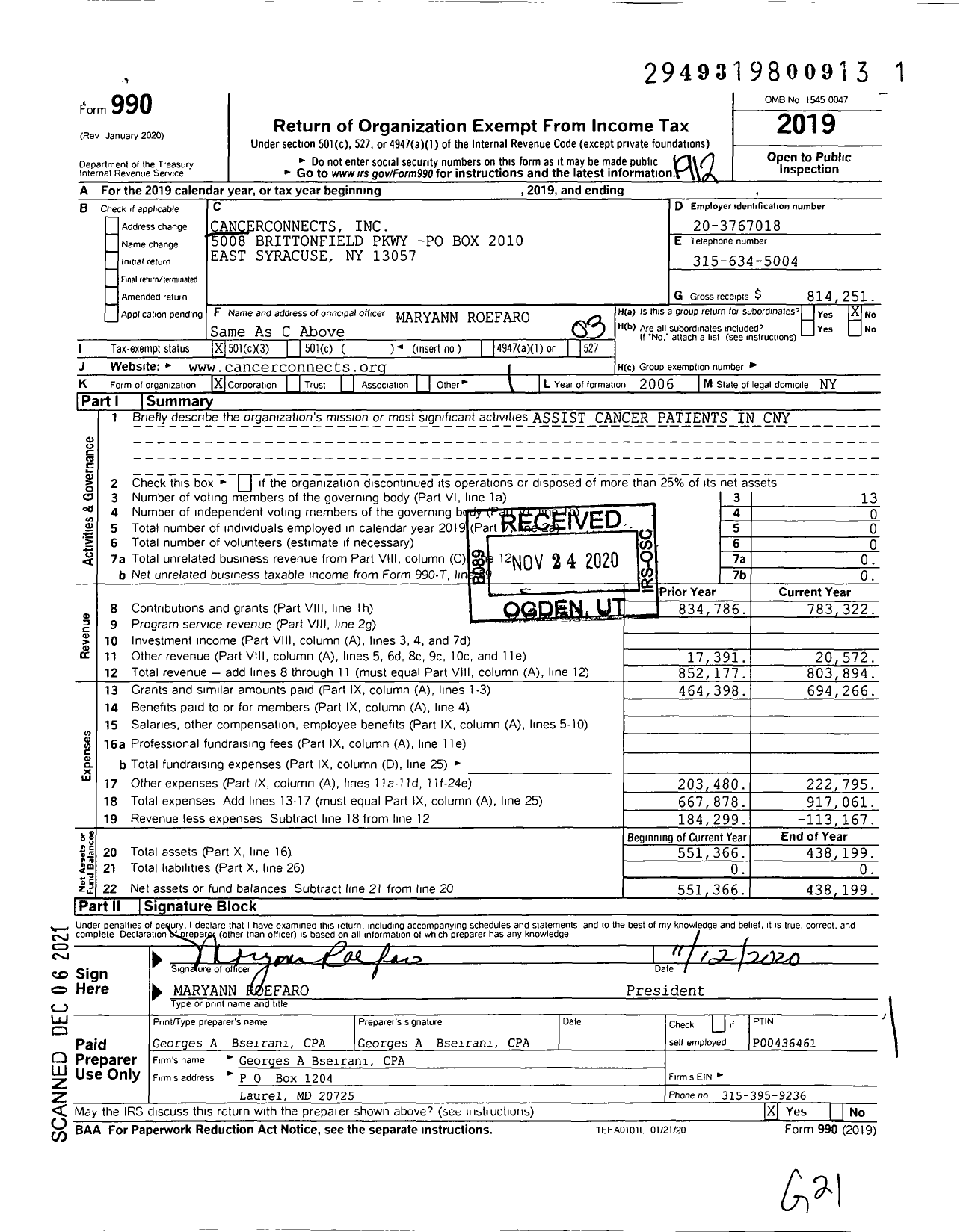 Image of first page of 2019 Form 990 for Cancerconnects