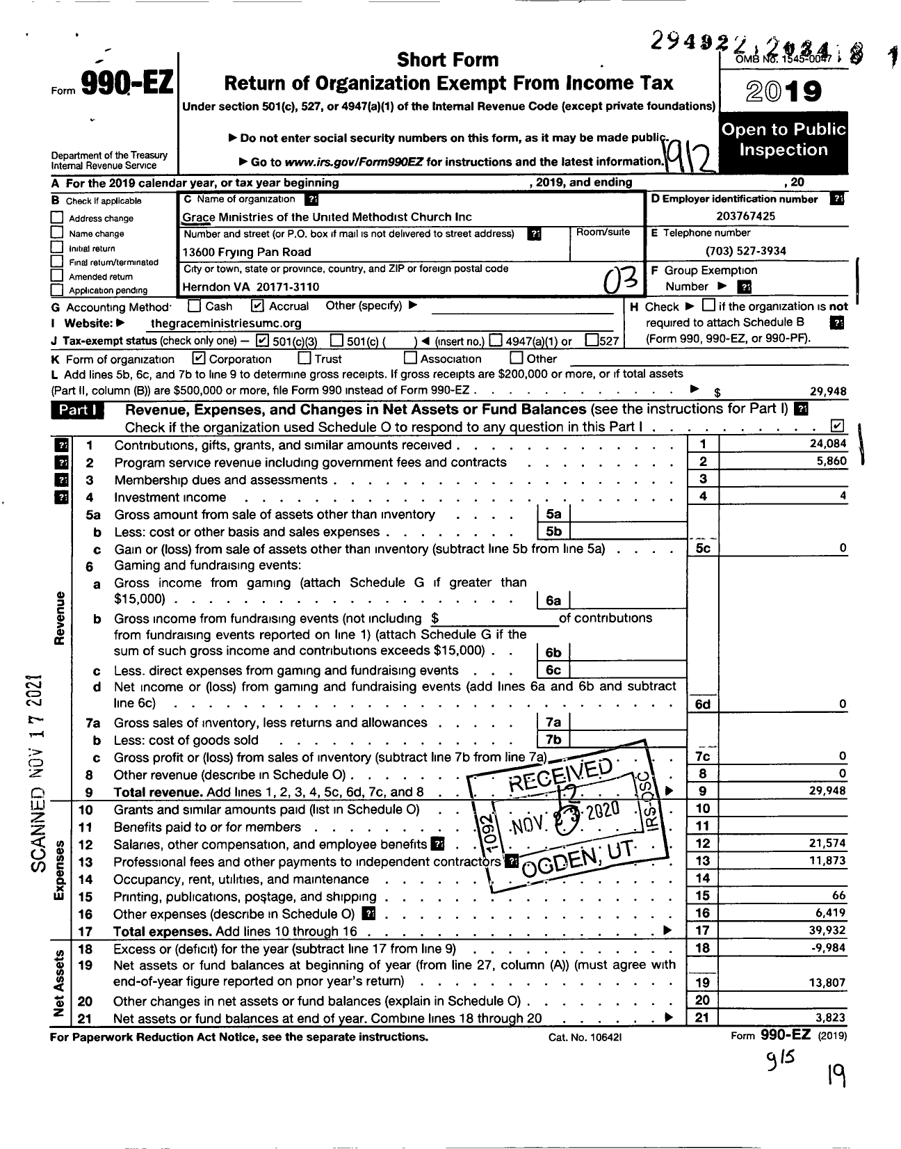 Image of first page of 2019 Form 990EZ for Grace Ministries of the Umc