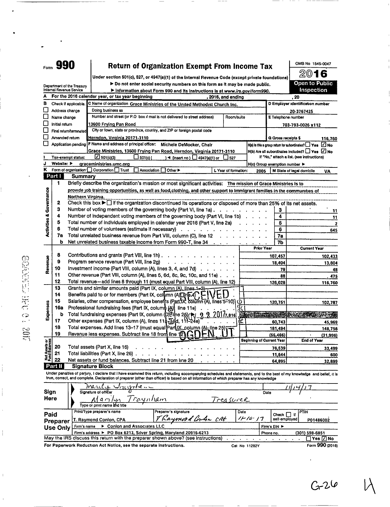 Image of first page of 2016 Form 990 for Grace Ministries of the Umc