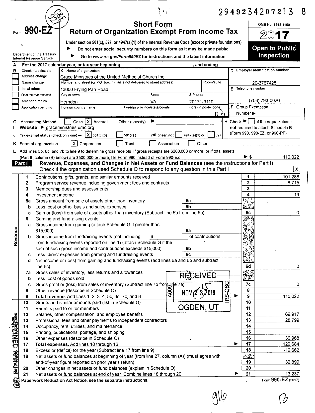 Image of first page of 2017 Form 990EZ for Grace Ministries of the Umc