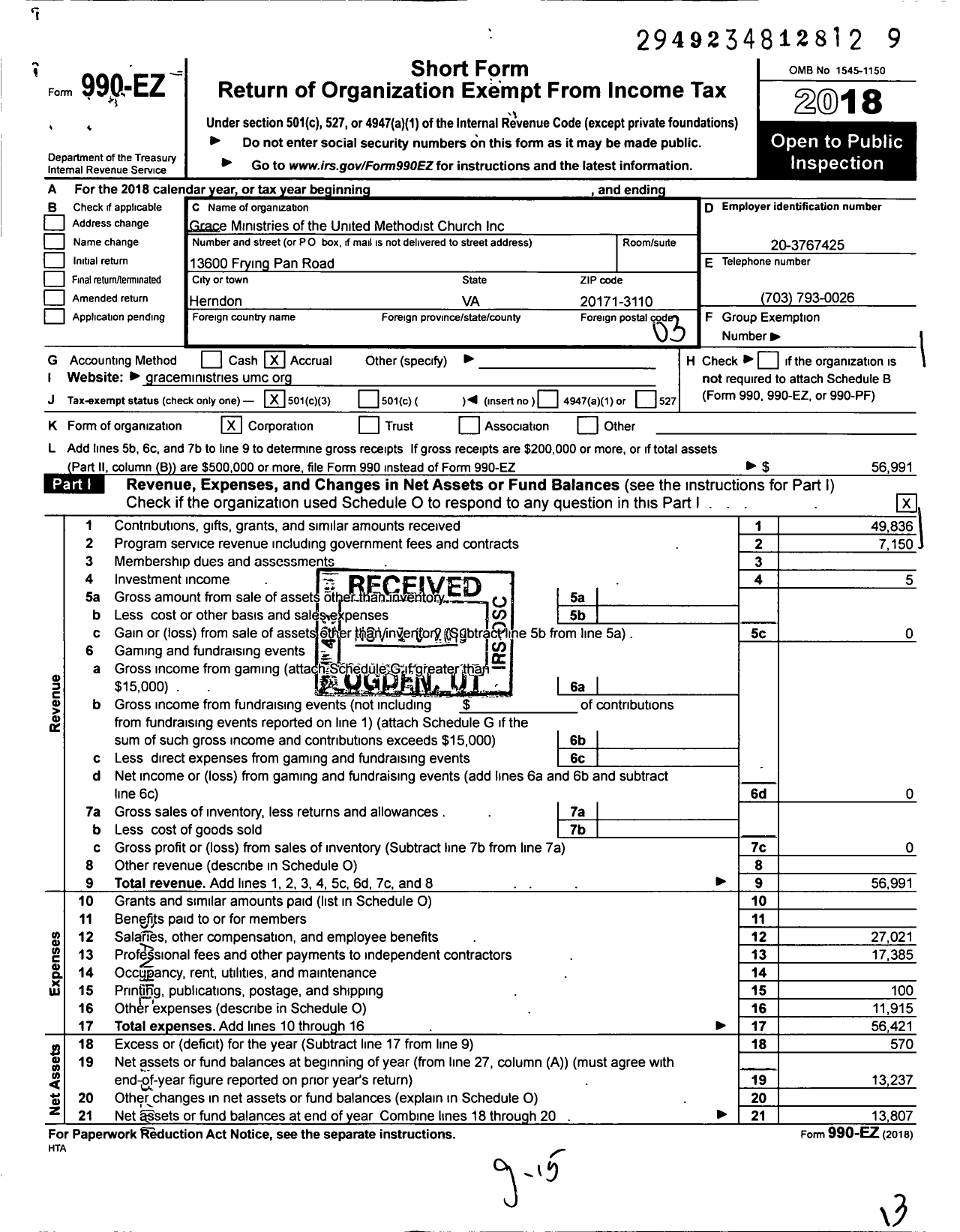 Image of first page of 2018 Form 990EZ for Grace Ministries of the Umc