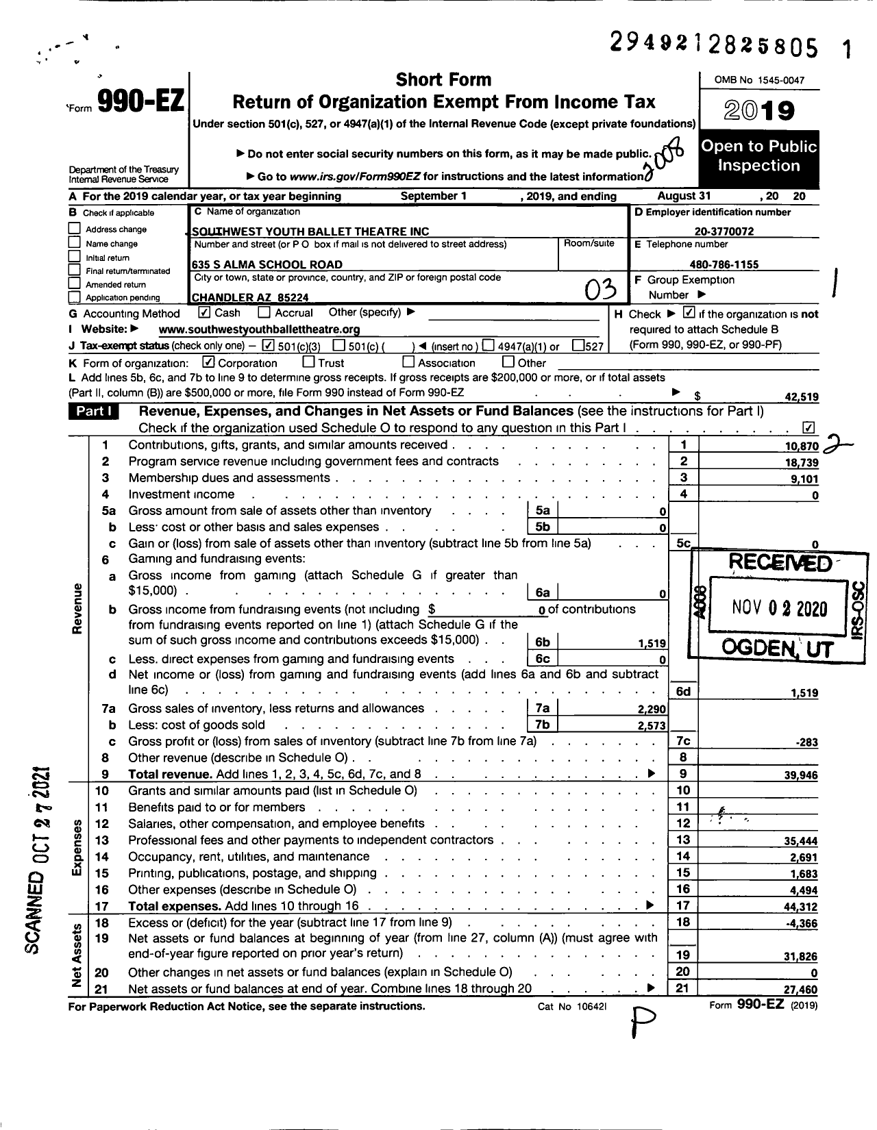 Image of first page of 2019 Form 990EZ for Southwest Youth Ballet Theatre