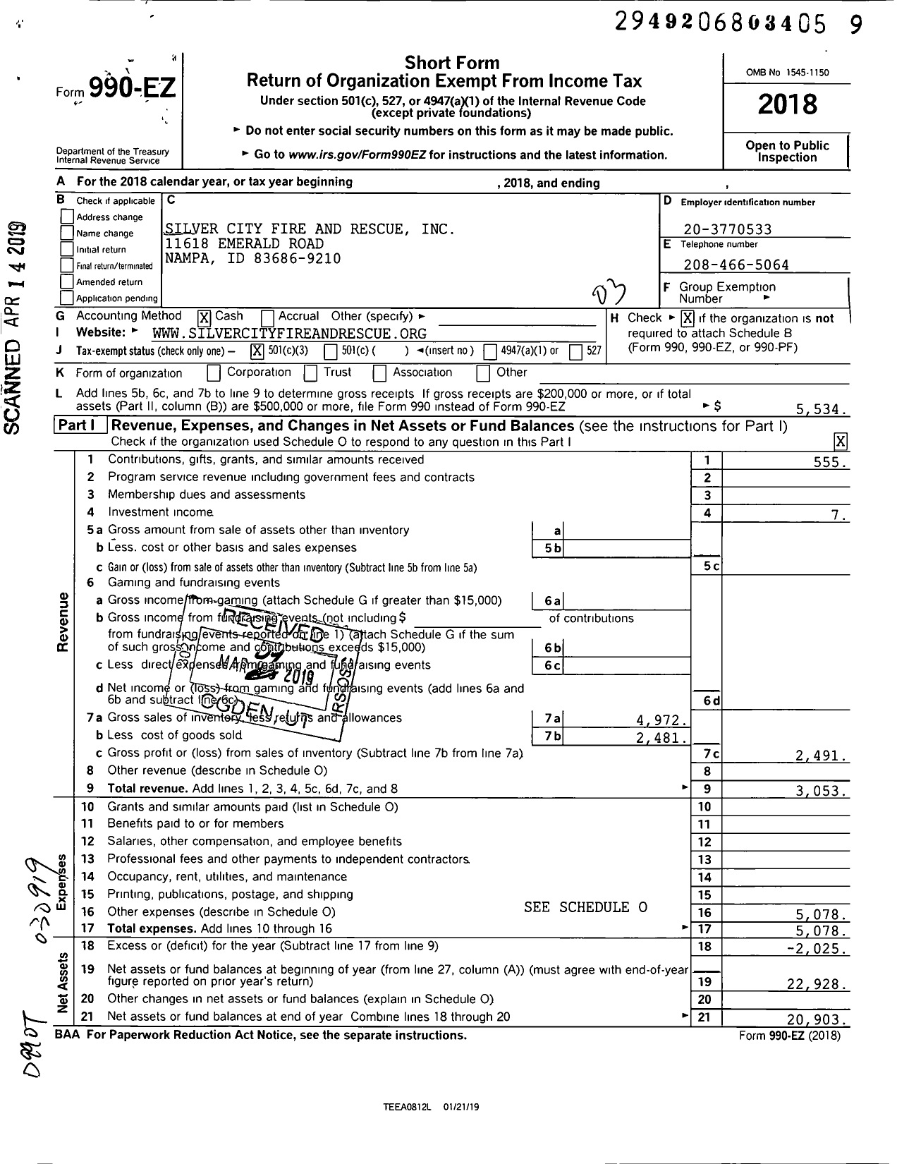 Image of first page of 2018 Form 990EZ for Silver City Fire and Rescue