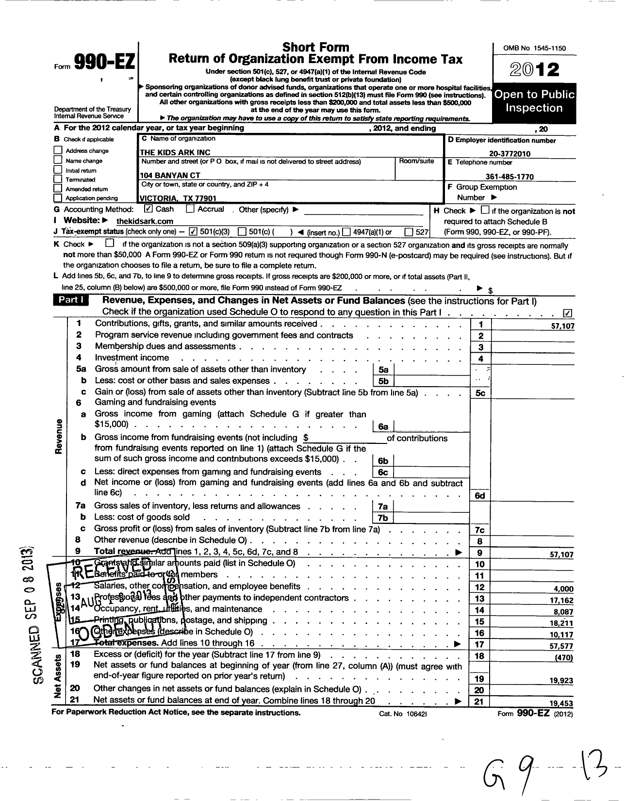 Image of first page of 2012 Form 990EZ for The Kids Ark
