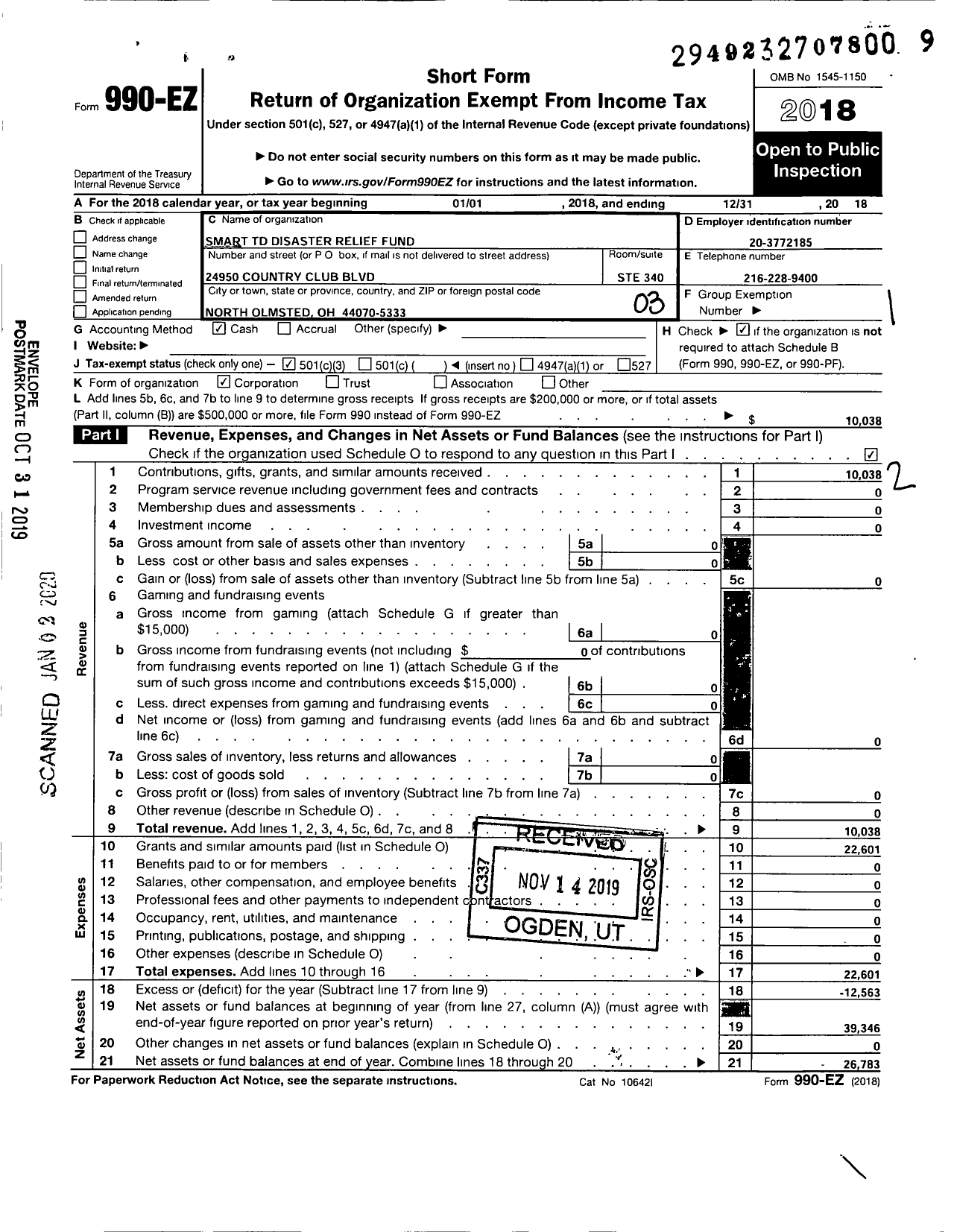 Image of first page of 2018 Form 990EZ for Smart TD Disaster Relief Fund