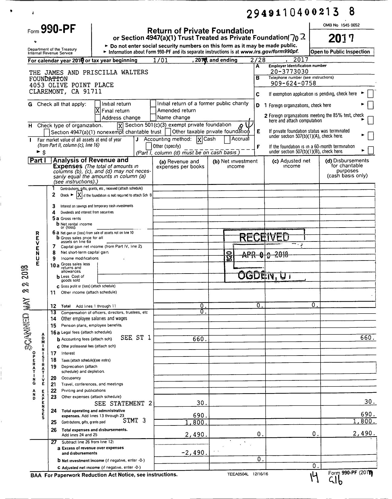 Image of first page of 2016 Form 990PF for The James and Priscilla Walters Foundation