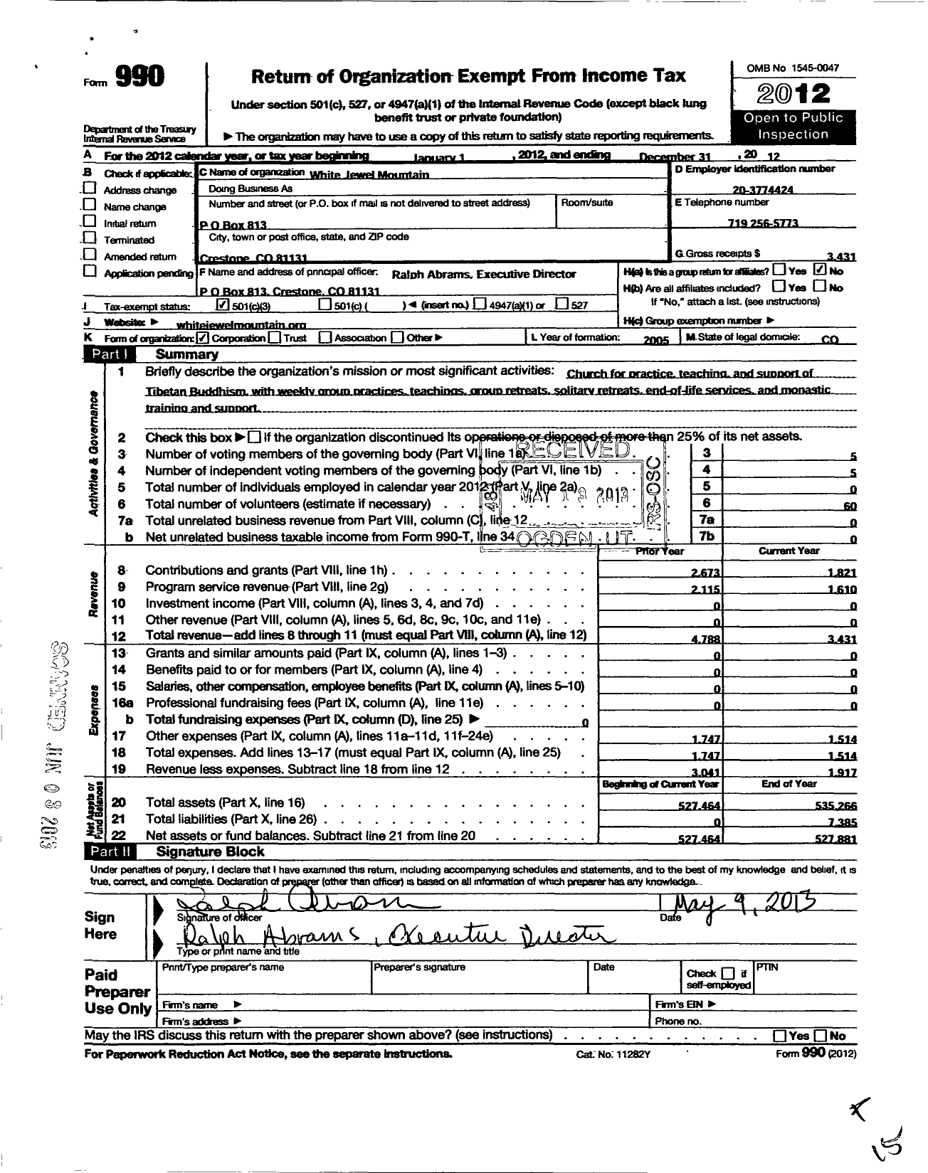 Image of first page of 2012 Form 990 for White Jewel Mountain