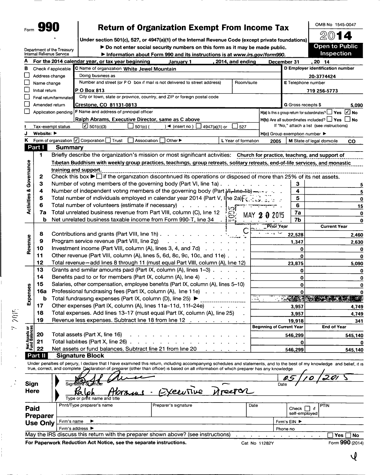 Image of first page of 2014 Form 990 for White Jewel Mountain