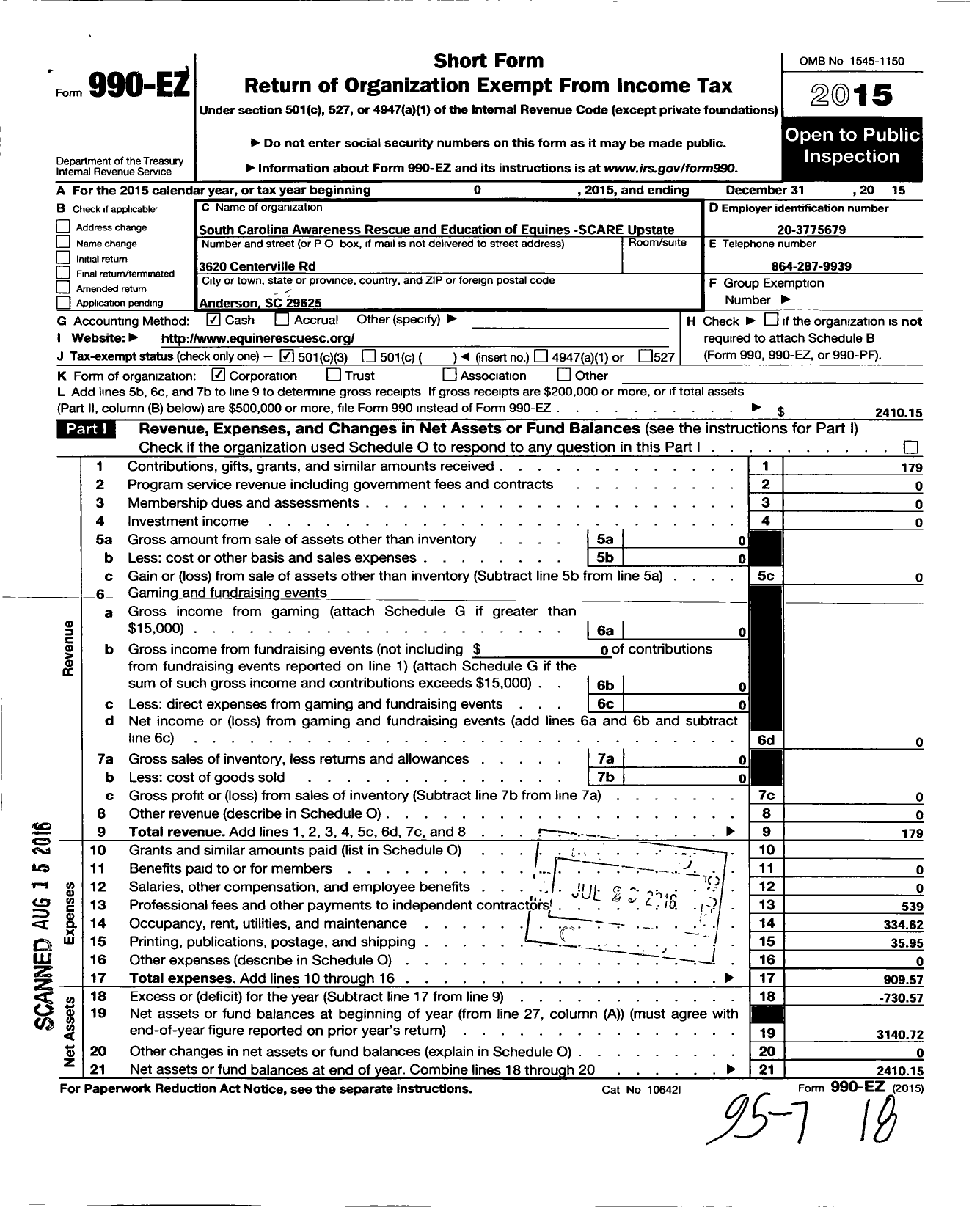 Image of first page of 2015 Form 990EZ for South Carolina Awareness Rescue and Education for Equines