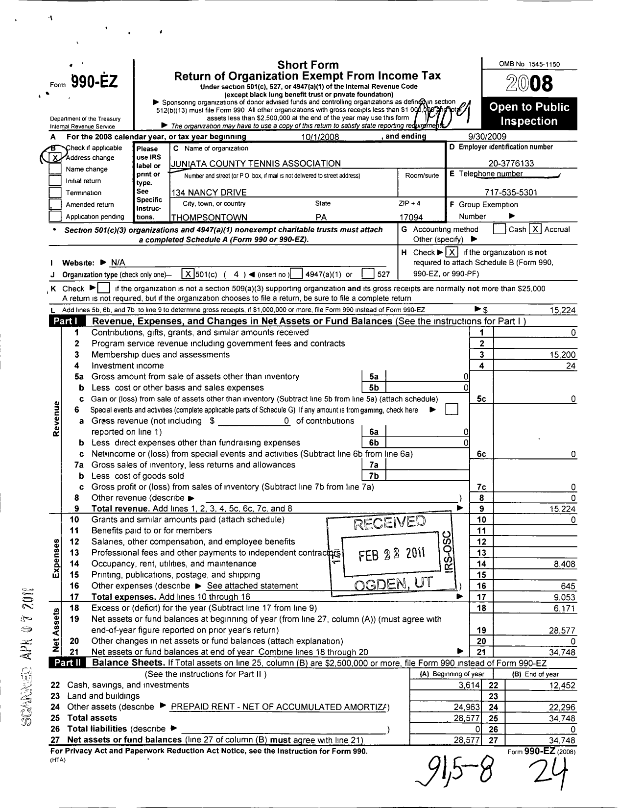 Image of first page of 2008 Form 990EO for Juniata County Tennis Association